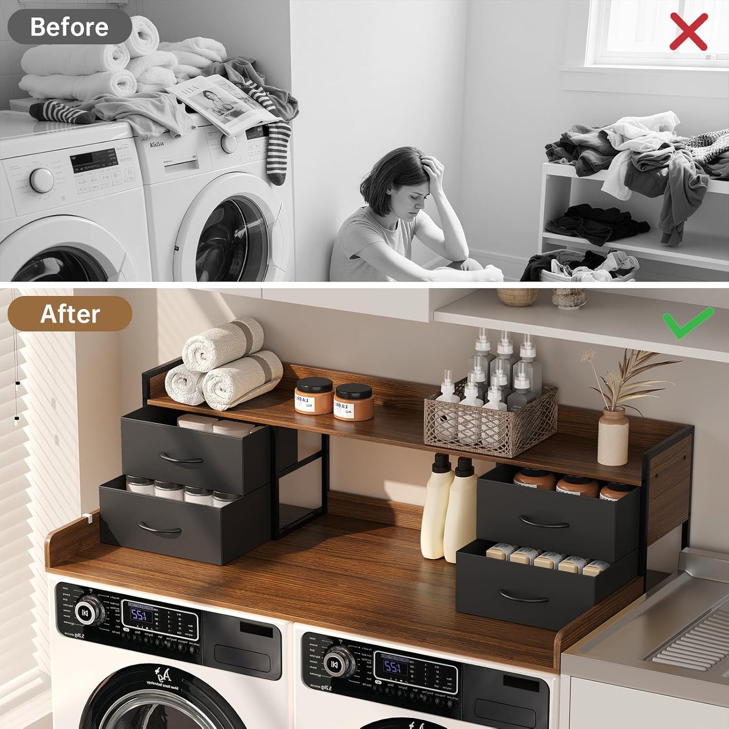 4 Drawers Washer Dryer Countertop with Shelf, 27.5" D x 54" W Laundry Topper with 3.54" High Guardrails and Non-Slip Pads,Extra Storage Organizer for Over Washer and Dryer, Holds 66 Lbs,Dark Walnut