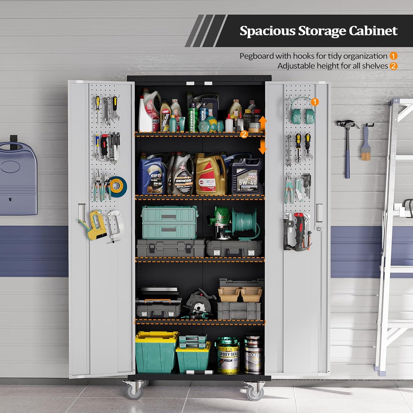 VINGLI 72'' Tall Garage Storage Cabinet, Metal Storage Cabinet with Wheels, Locking Doors and Adjustable Shelves (Black & Silver, 32''W x 16''D x 72''H)