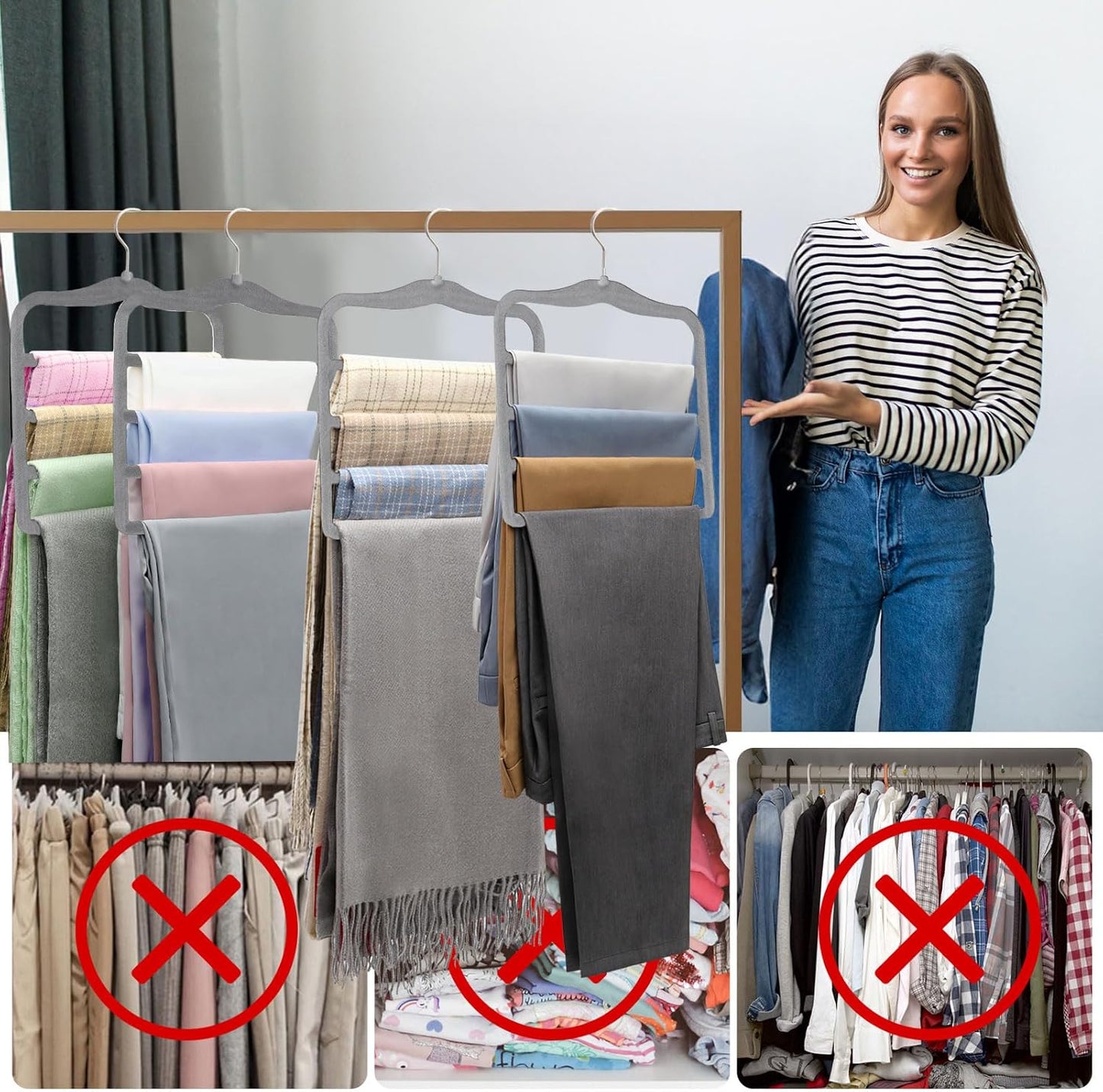 Closet Organizers and Storage, Magic Pants Hangers Space Saving, 4 Tiers Skirt Hangers, Jean Scarf Hangers, Closet Organizer Clothes Hangers, College Dorm Essentials Apartment Essentials-2 Pack