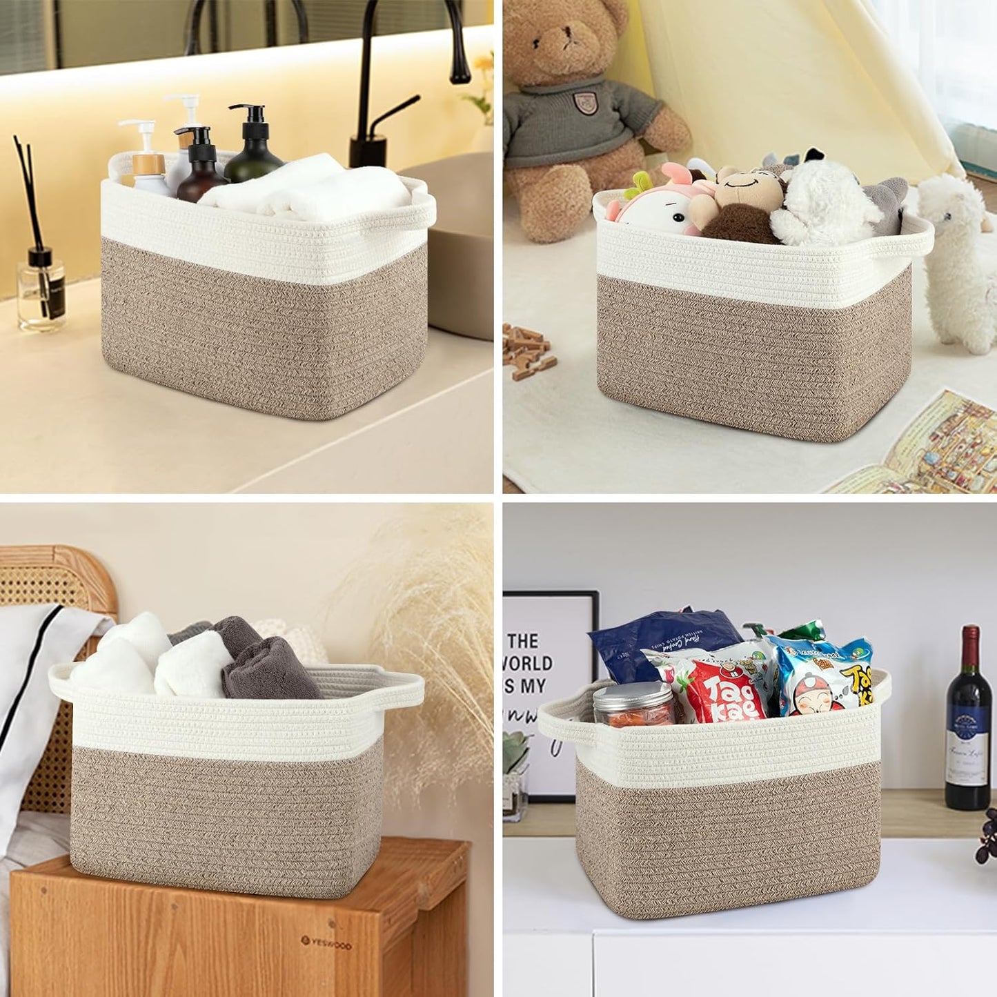 Storage Baskets for Organizing, Woven Baskets for Shelves, Rectangle Decorative Organizer for Storage Clothes, Toy, Books, Towels Nursery Bins 3 Pack (Brown & White, 13"x9.85"x8.7")