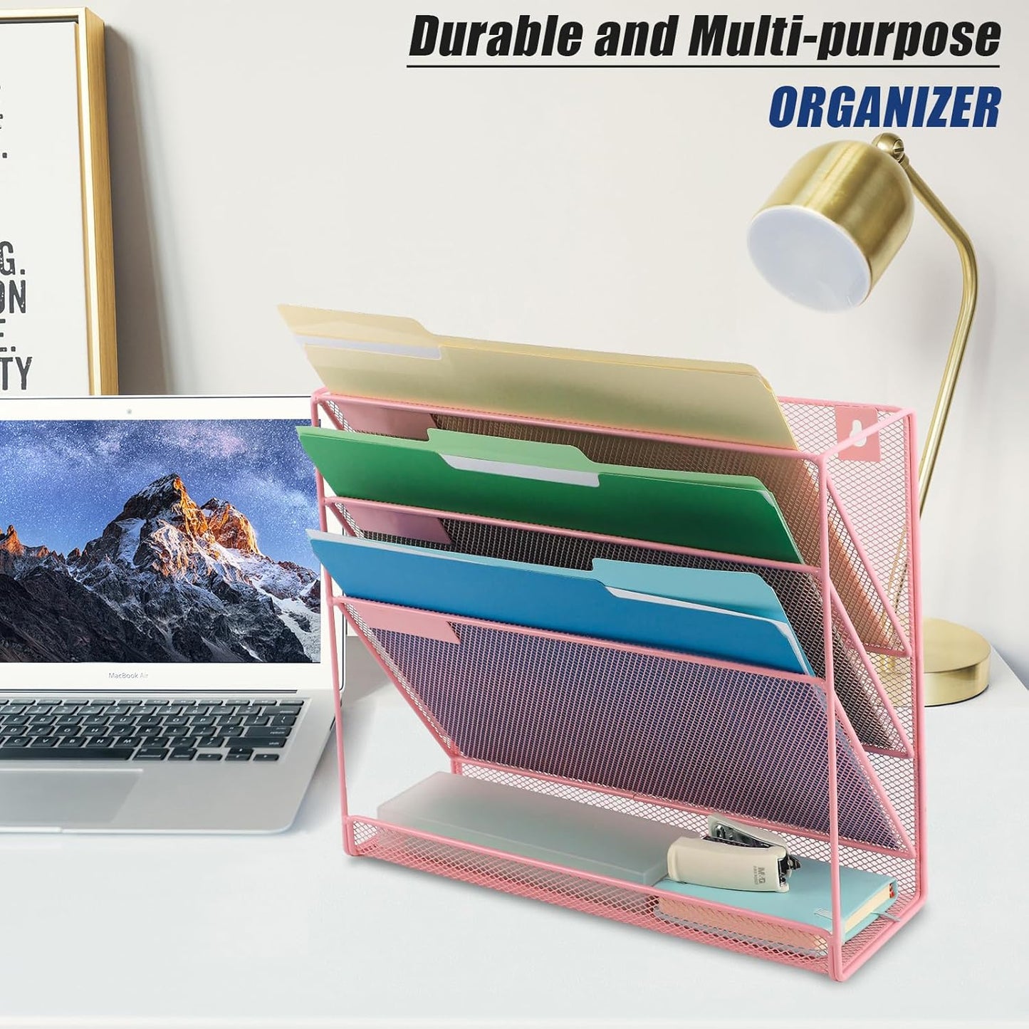 EASEPRES Desk File Organizer Mesh 4-Tier, Hanging Wall Mount Document Organization Stand, Desktop Vertical Mail Paper Folder Holder Rack with Bottom Tray for Office Home Cubicle Countertop, Pink