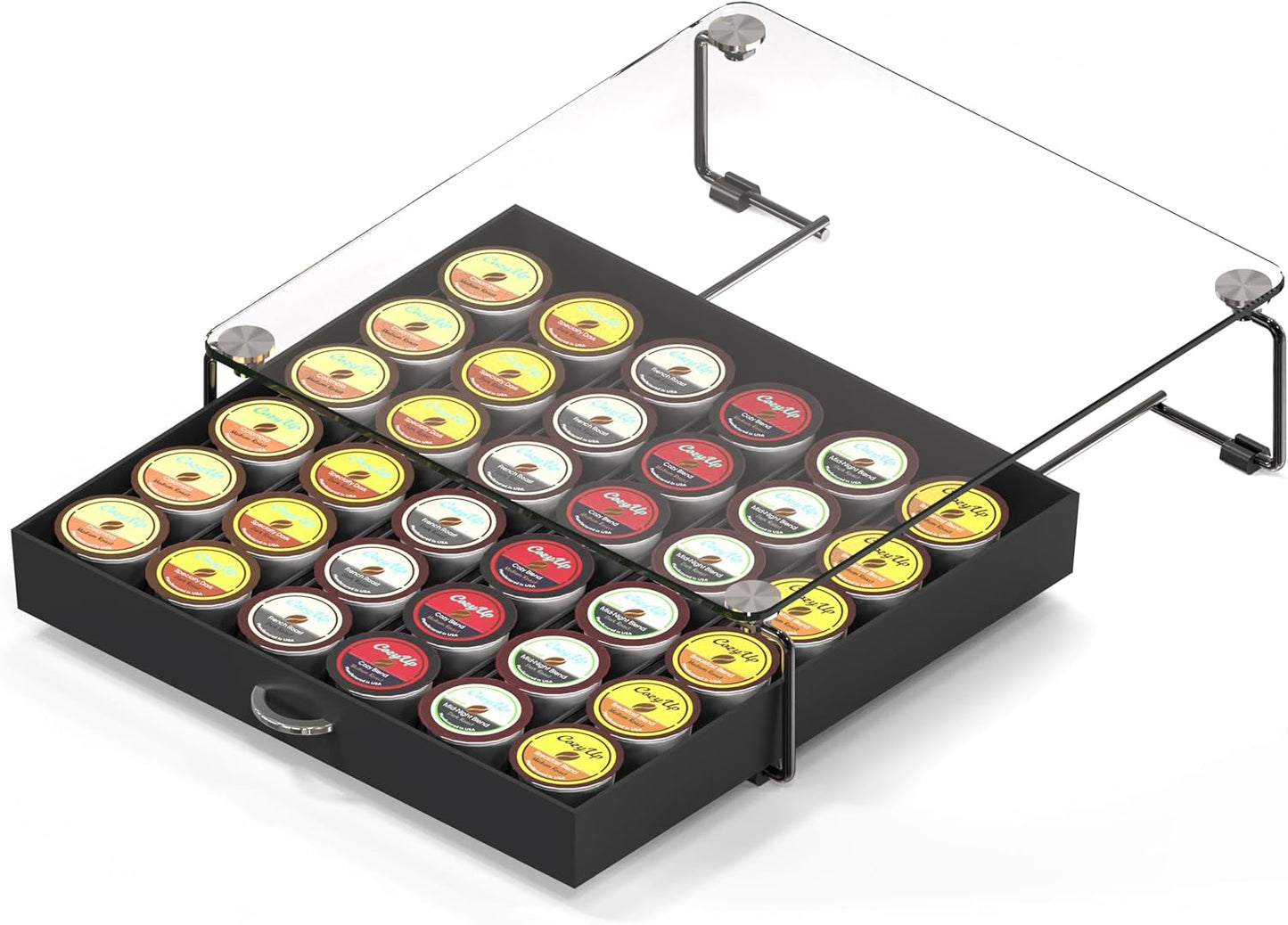 DecoBrothers Crystal Tempered Glass Holder Drawer for 36 Coffee Pods Storage, Black