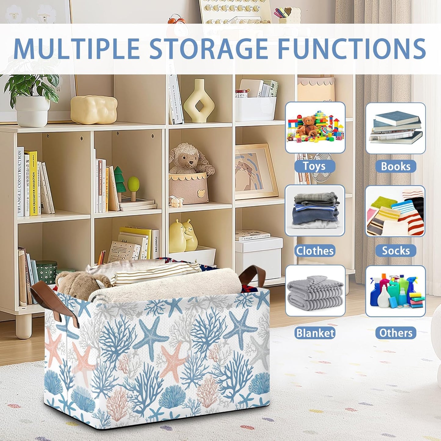 Starfish Coral Storage Basket with Handles,Shell Collapsible Rectangle Organizer Bin for Room Decoration Books Box Baskets 17x11.5x10Inch
