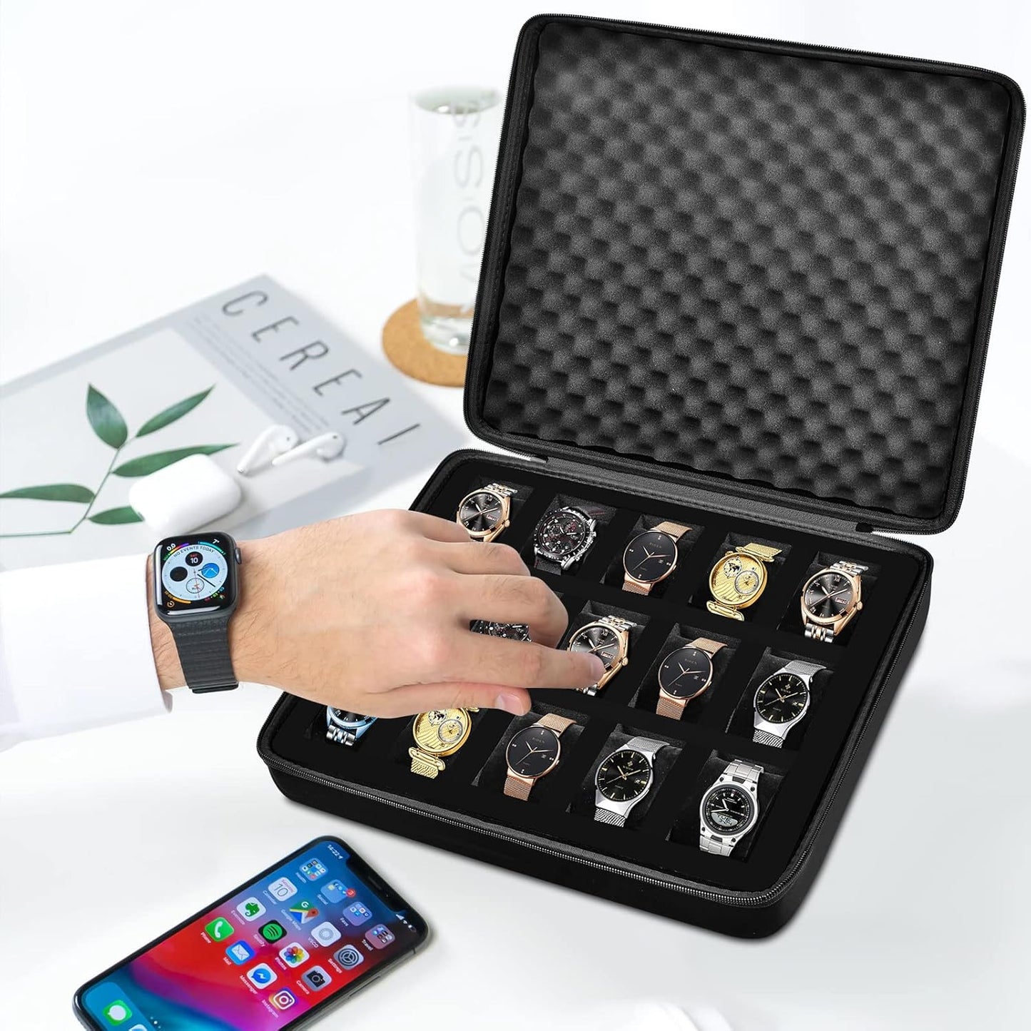 Comecase 15 Slots Watch Box Organizer/Men Watch Display Storage Case Fits All Wristwatches and Smart Watches up to 42mm - Black