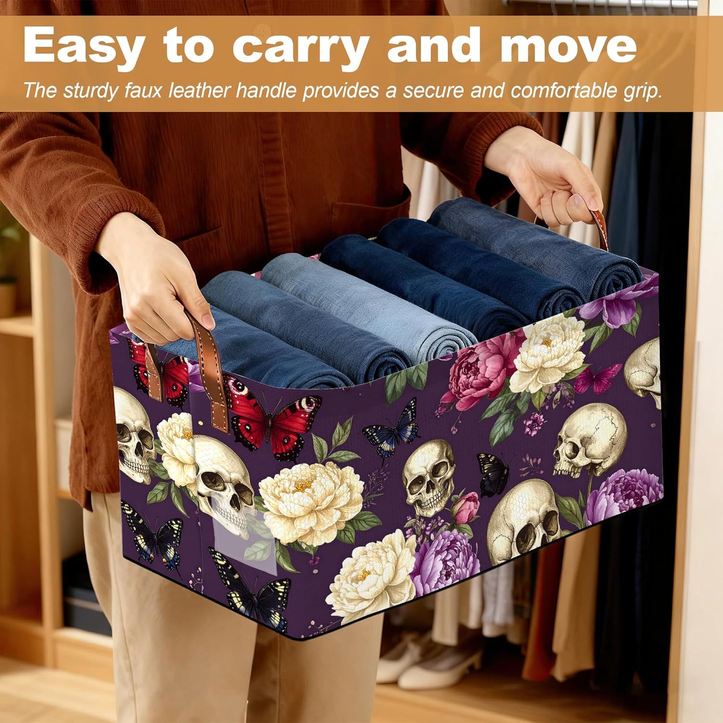 Purple Flower Skeleton Storage Bins with Handles, Collapsible Storage for Clothes, Gift Basket, Blankets & Closet Organization