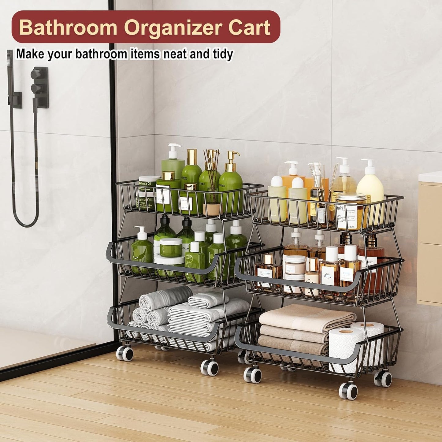 3-Tier Rolling Pantry Cart with Wheels, Stackable Wire Storage Floor Organizer for Kitchen Pantry Snack Shelves, Fruit Basket Stand, Vegetable Storage Rack for Food Snacks Onion Potato, Black, 2 Pack