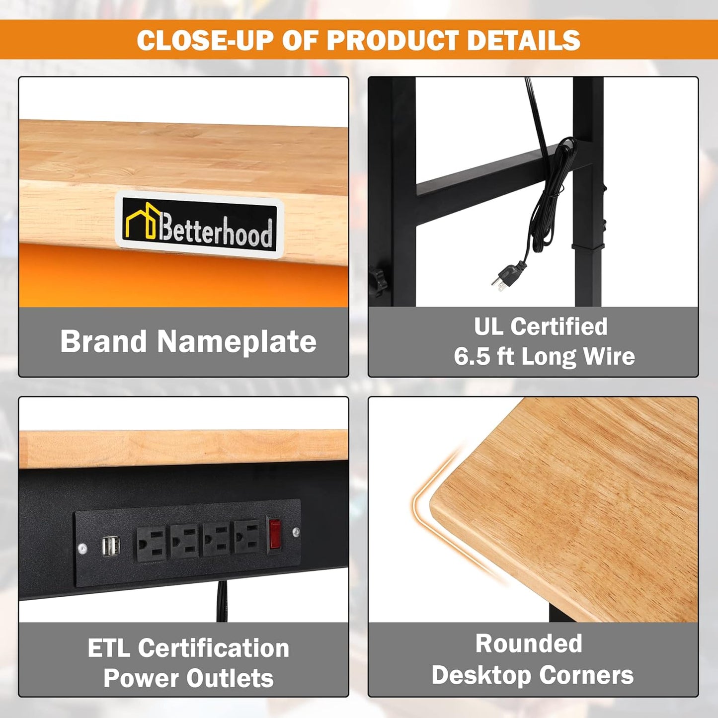 Betterhood Adjustable Height Workbench, 60" Rubber Wood Top Heavy Duty Workstation with Power Outlets, 2000 LBS Load Capacity Hardwood Worktable for Workshop, Garage, Office, Home, Commercial