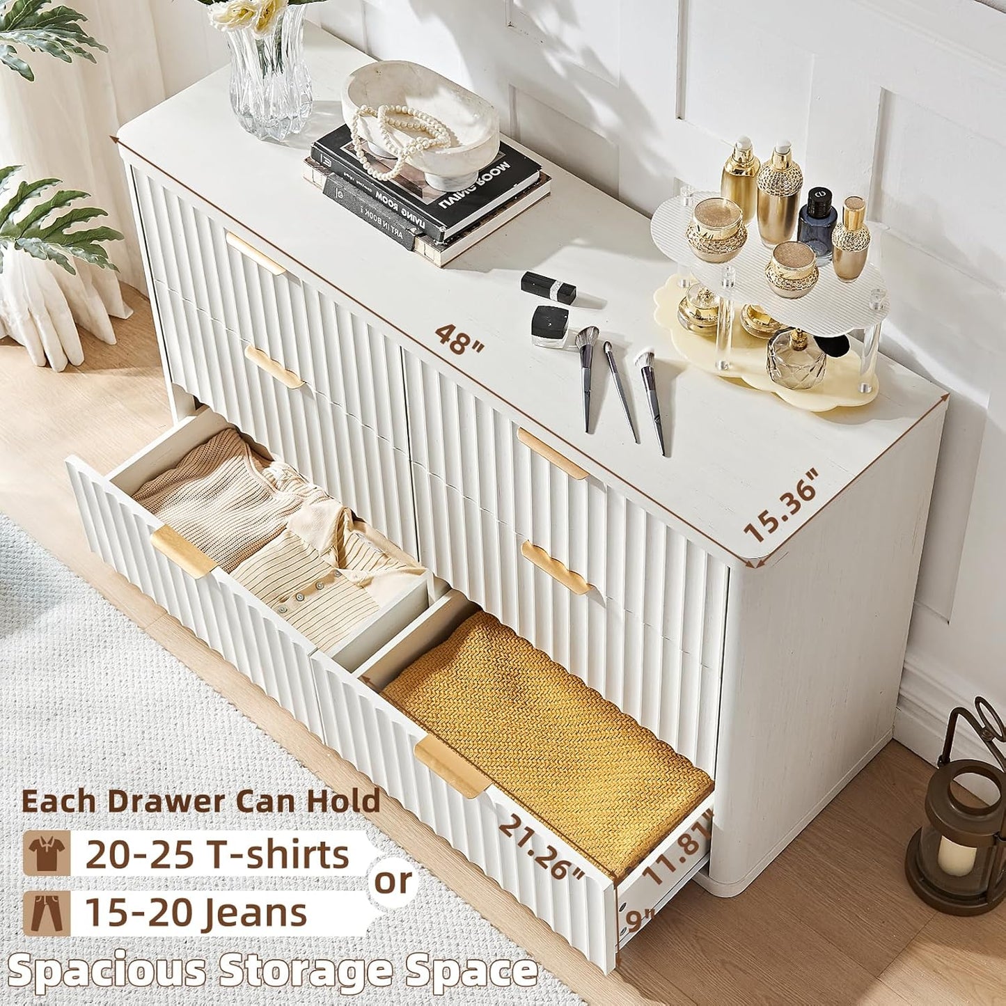 LEYAOYAO Fluted 6 Drawers Dresser, 48" Wide Modern Chest of Drawers with Wood Grain Top, Curved Profile Design, Dresser TV Stand, Wood Drawer Organizer for Bedroom, Living Room, Antique White