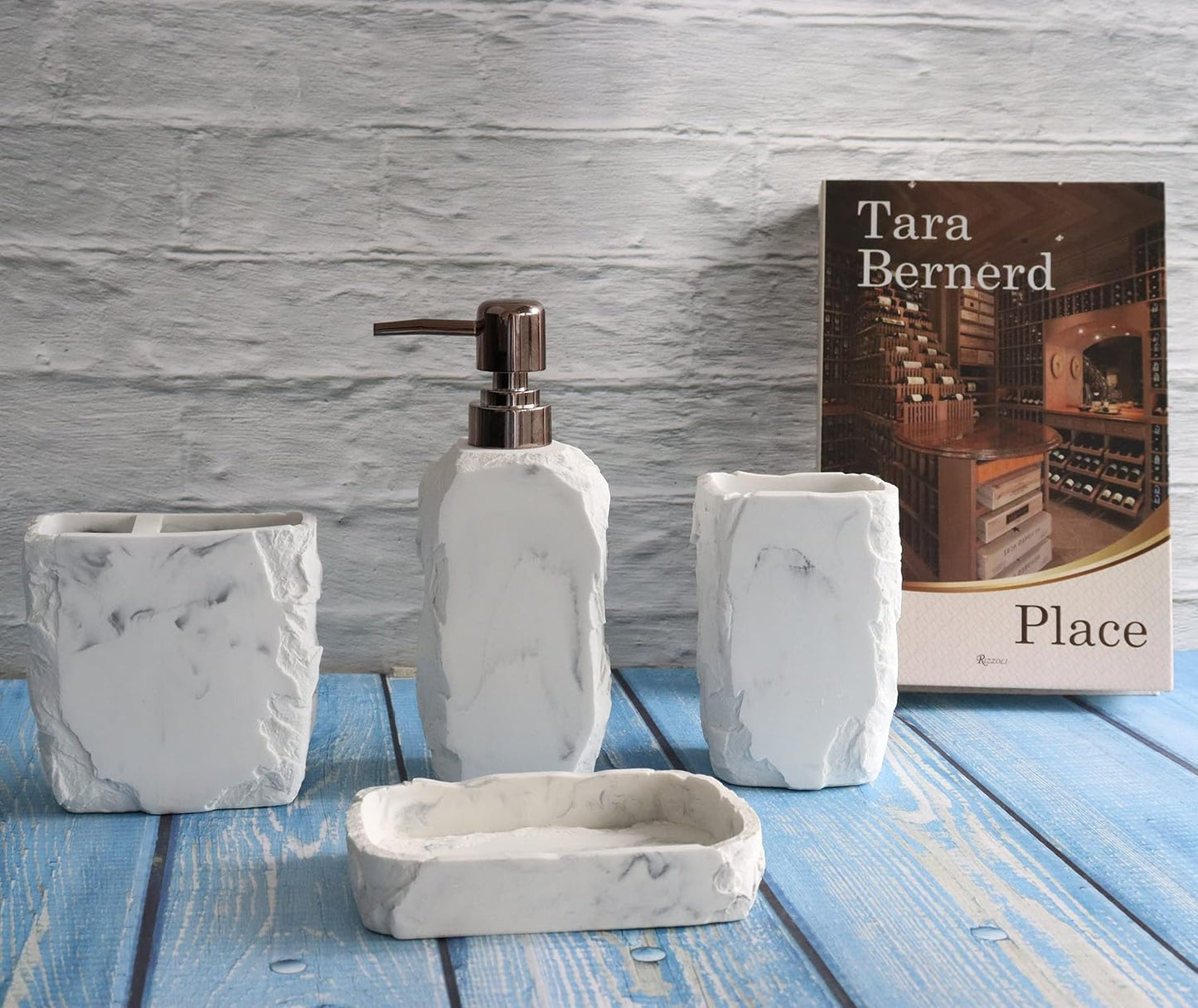 Hymmah Marble Bathroom Accessories Set,Marble Design Toothbrush Holder,Farmhouse Bathroom Decor,4 Pcs Resin Gift Set Apartment Necessities, Contain Toothbrush Cup,Soap Dispenser,Soap Dish,Tumbler