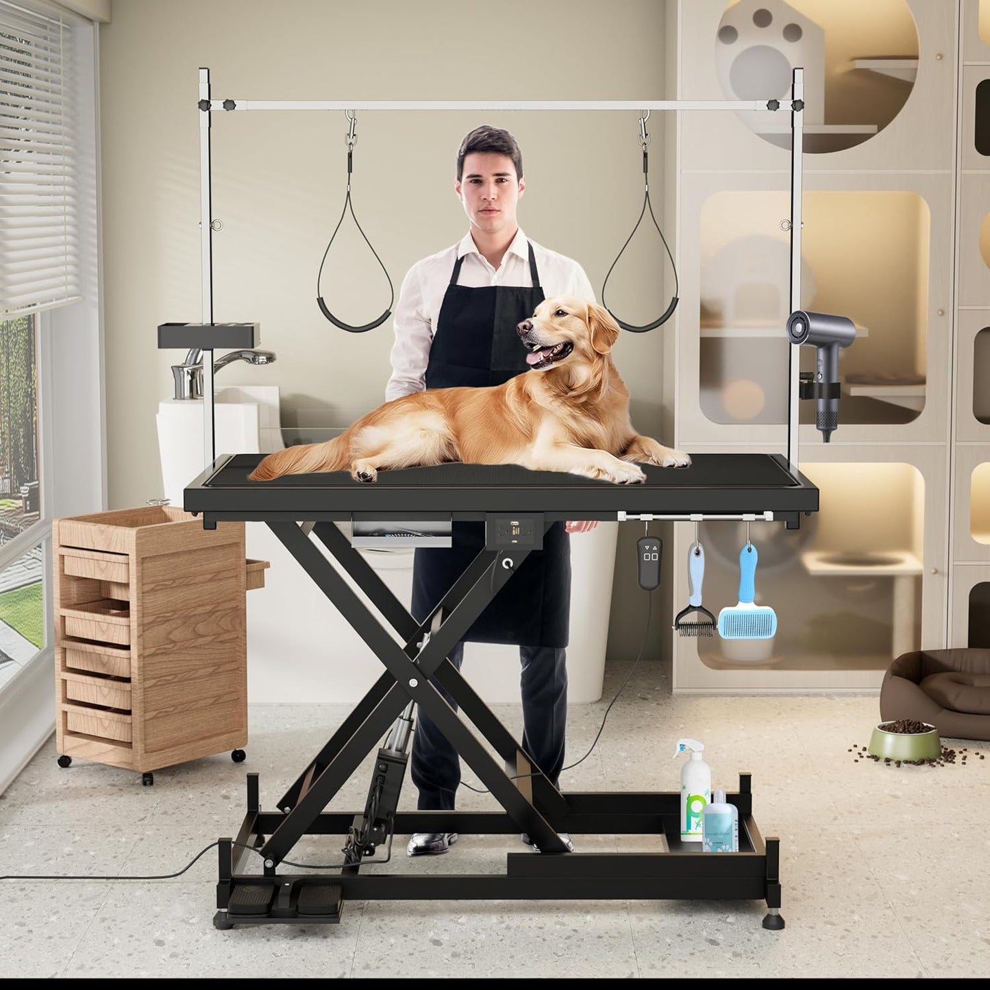 Electric Lift Dog Grooming Table, Upgrade 50 Inch Heavy Duty Professional Pet Grooming Table with Tool Organizer for Large Dogs at Home with Adjustable Overhead Arms and 2 Grooming Noose, Black