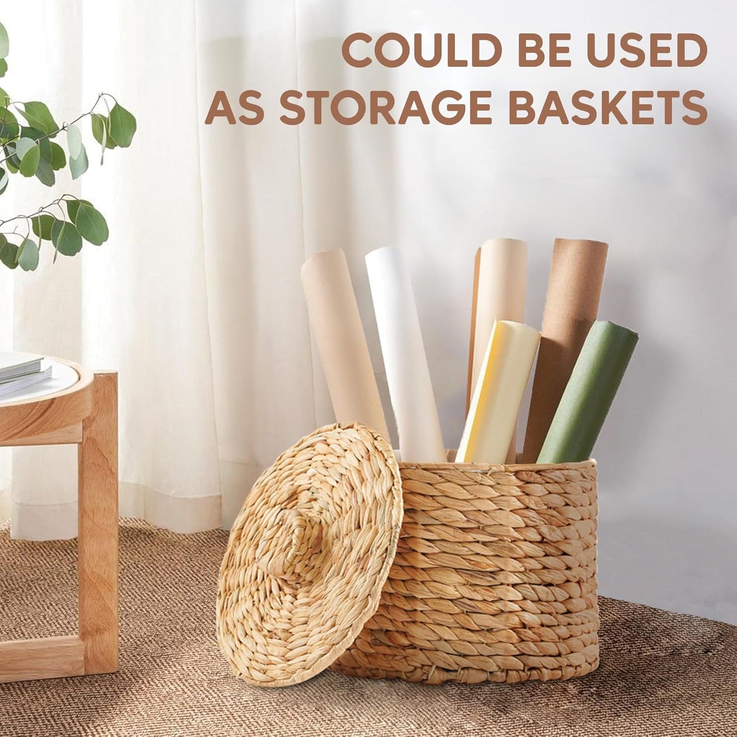 Greenatural Wicker Trash Can, 14x14x11 in Handwoven Water Hyacinth Waste Basket with Lid, Wicker Storage Bin with Natural Finish, Rustic Garbage Can for Laundry Room, Bathroom, Bedroom, Office