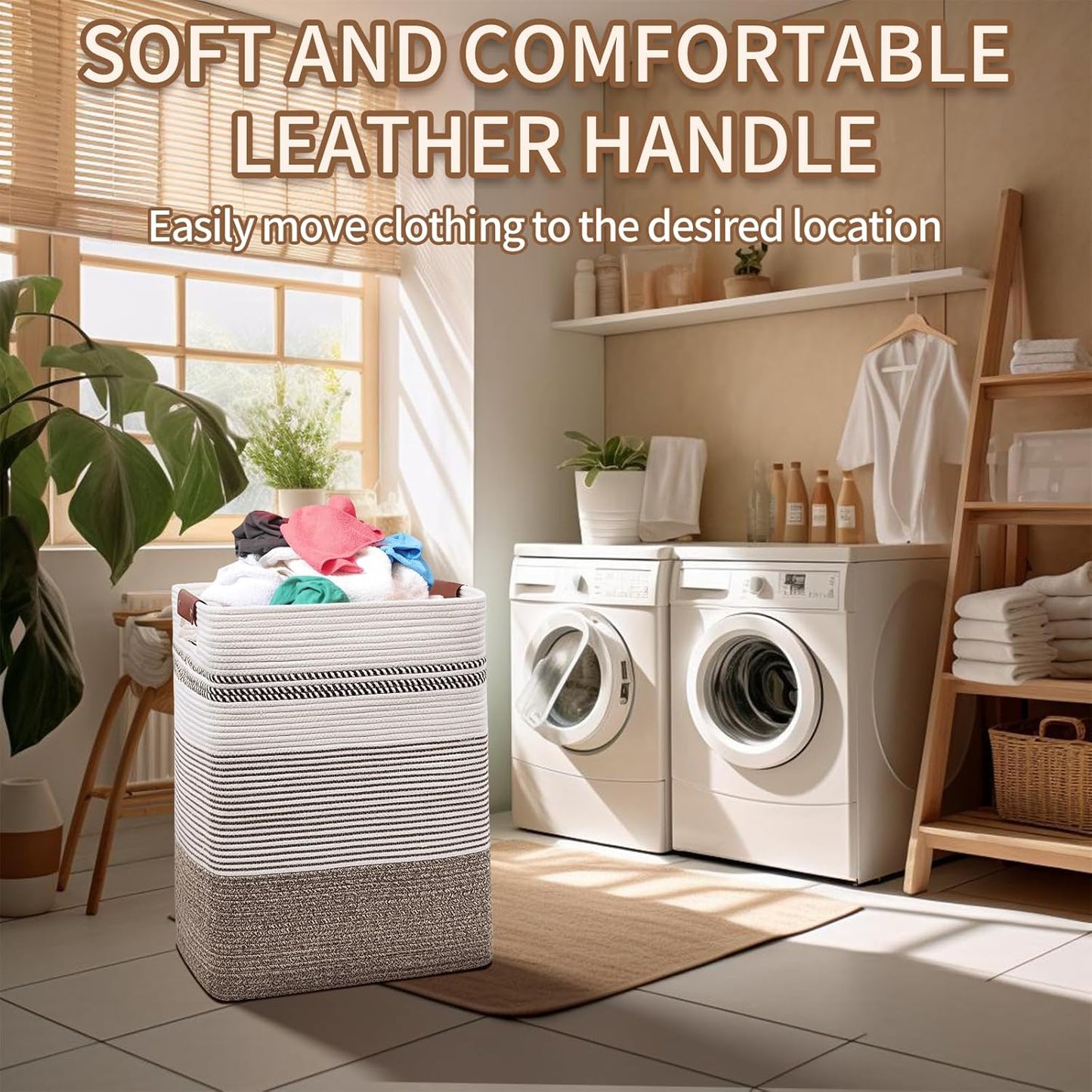 DOFASAYI Laundry Basket - 85L Large Cotton Rope Blanket Basket with Leather Handles, Decorative Storage Hamper, Clothes Hamper for Living Room, Bedroom, Rice Brown & White