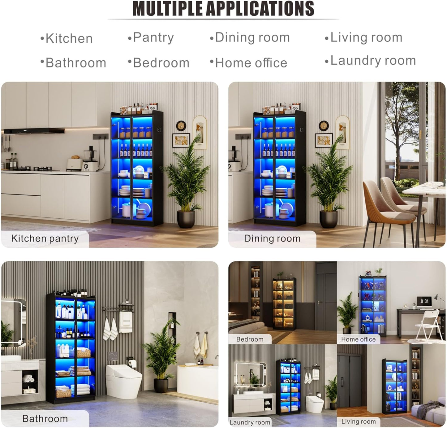 Display Cabinet with Doors and Adjustable Shelves, 65" Tall Bookcase with LED Lights/Human Sensor, 5 Tier Display Case for Collectibles Bedroom Living Room Office, Black