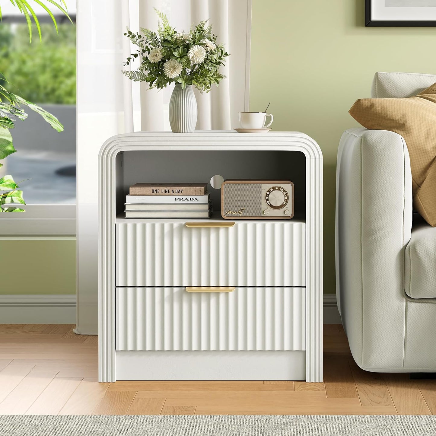 Fluted Nightstand with Charging Station, 19.7'' Wide Morden End Table with USB/Type-C Ports, 2 Drawers & Open Shelf, Curved Profile Design, Wood Bedside Table for Bedroom (White)