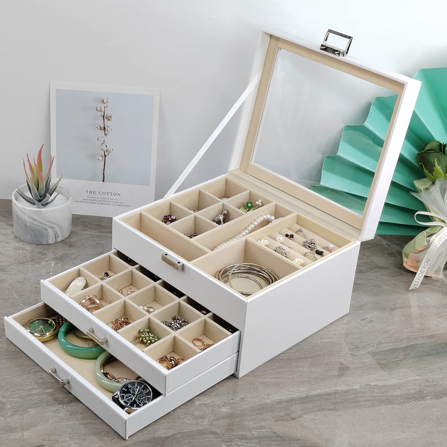 BOOVO Clear Lid Jewelry Box,3 Layers Jewelry Organizer Large Multi-Functional Jewelry Storage Box with 2 Drawers,Jewelry Display Case of Rings Earrings Necklace Bracelets for Women Girls (White)