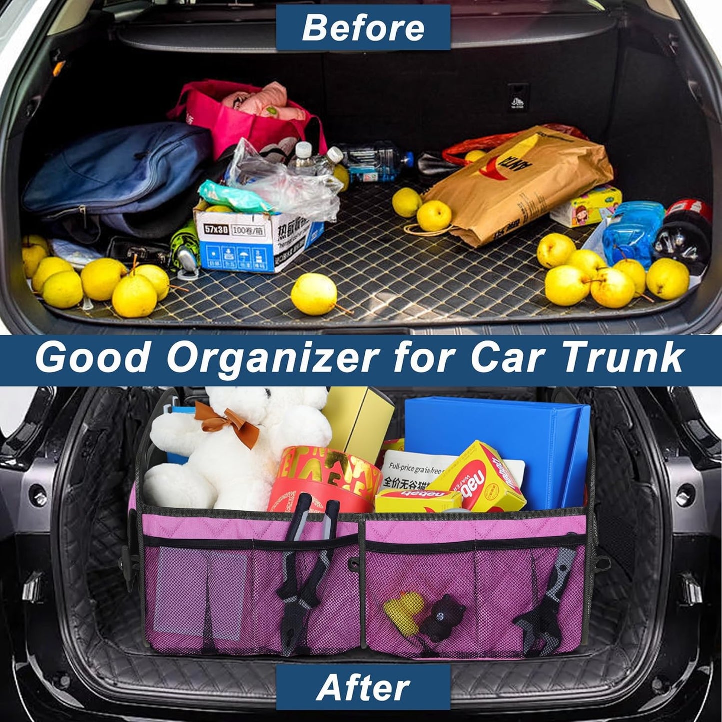 Deosk Car Trunk Organizer for SUV, Car Organizers and Storage with 6 Pocket, Car Accessories for Women/Men 70L Waterproof Polyester Trunk Organizer(Large, Pink)