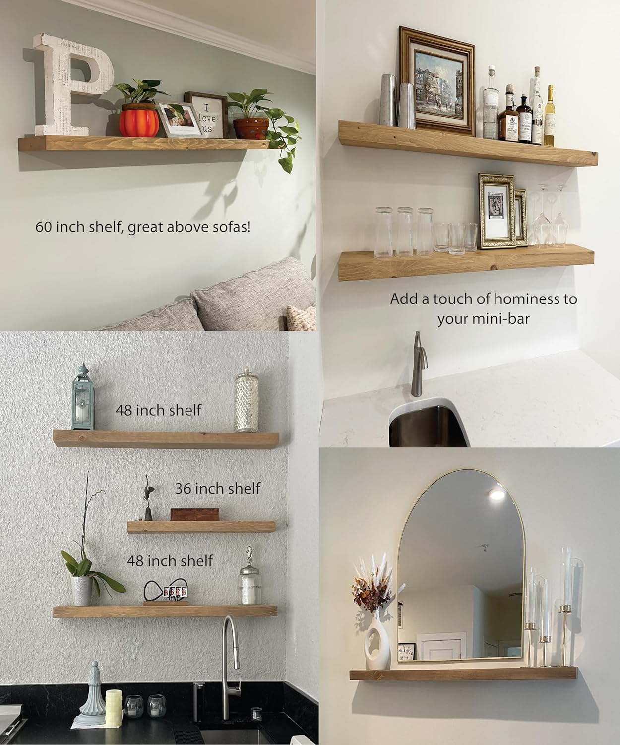 joelsantiques 42 Inch Wooden Floating Shelves for Wall - 42x8x2 in - Made of Natural Wood - Heavy Duty Rustic Wall Shelves Made in USA - Perfect for Living Room, Kitchen - Beige