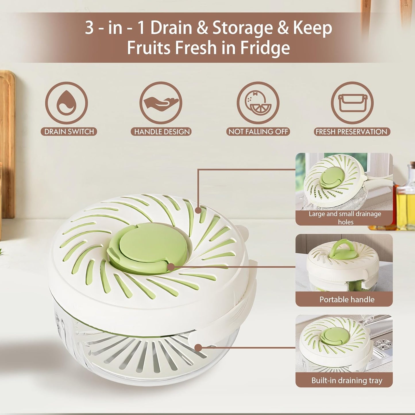 2025 New Upgrade Large Fruit Washing Bowl with Strainer(2.85QT),3 in 1 Multipurpose Drain Basket with Lid & Ice Box,Foldable Handle Fruit Strainer Perfect for Fridge Storage and Outdoor Picnics