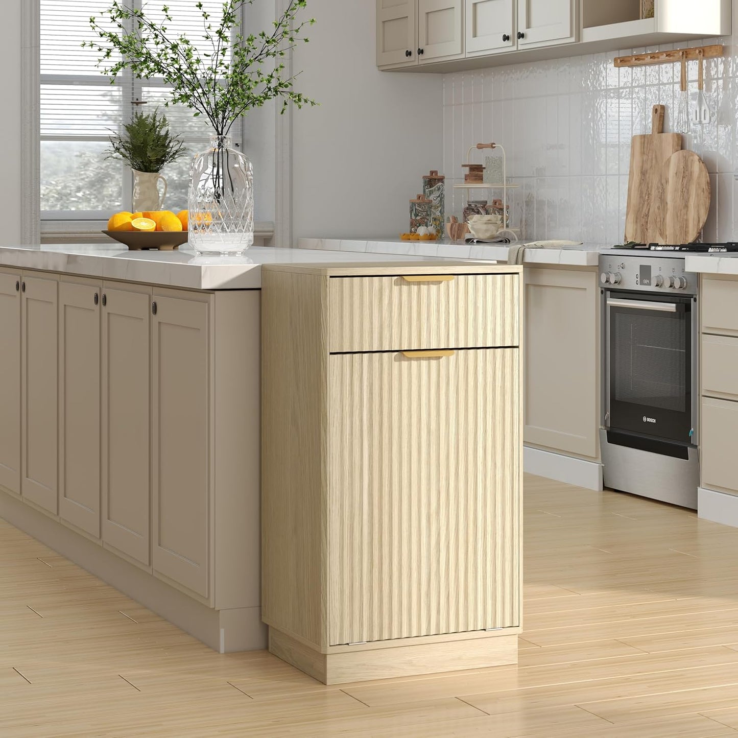 Tilt-Out Trash Cabinet with 10-Gallon Capacity, Walnut Laundry Hamper Cabinet, 34.3 x 19 x 13.8 inches, Wave-Textured Front.