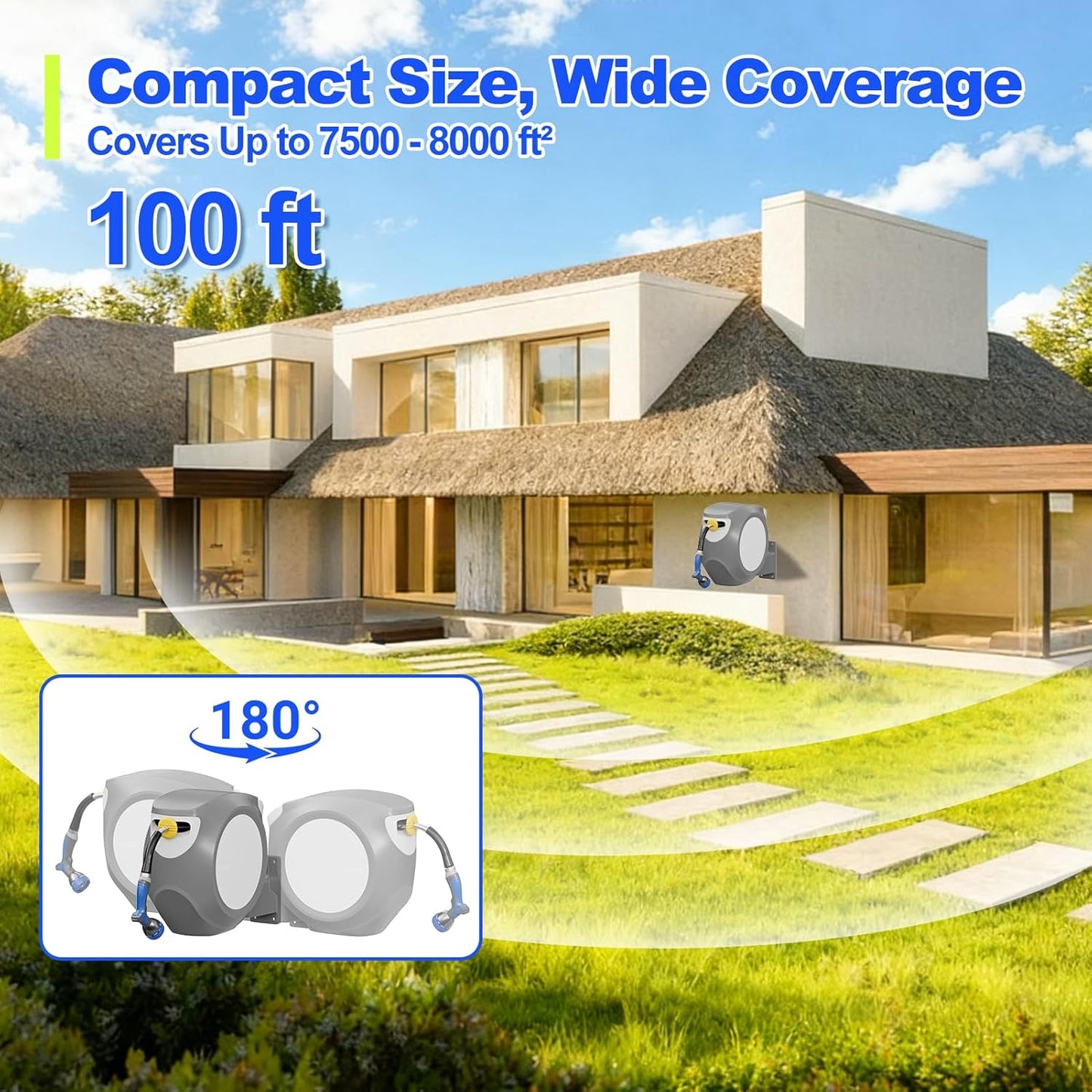 SPECILITE Retractable Garden Hose Reel 100 FT 1/2", 304 Stainless Steel Water Pipe, 3x Life, Leak-Proof, UV & Freeze Resistant, Automatic Rewind & Any Length Lock, Wall Mount Hose Reels for Outside