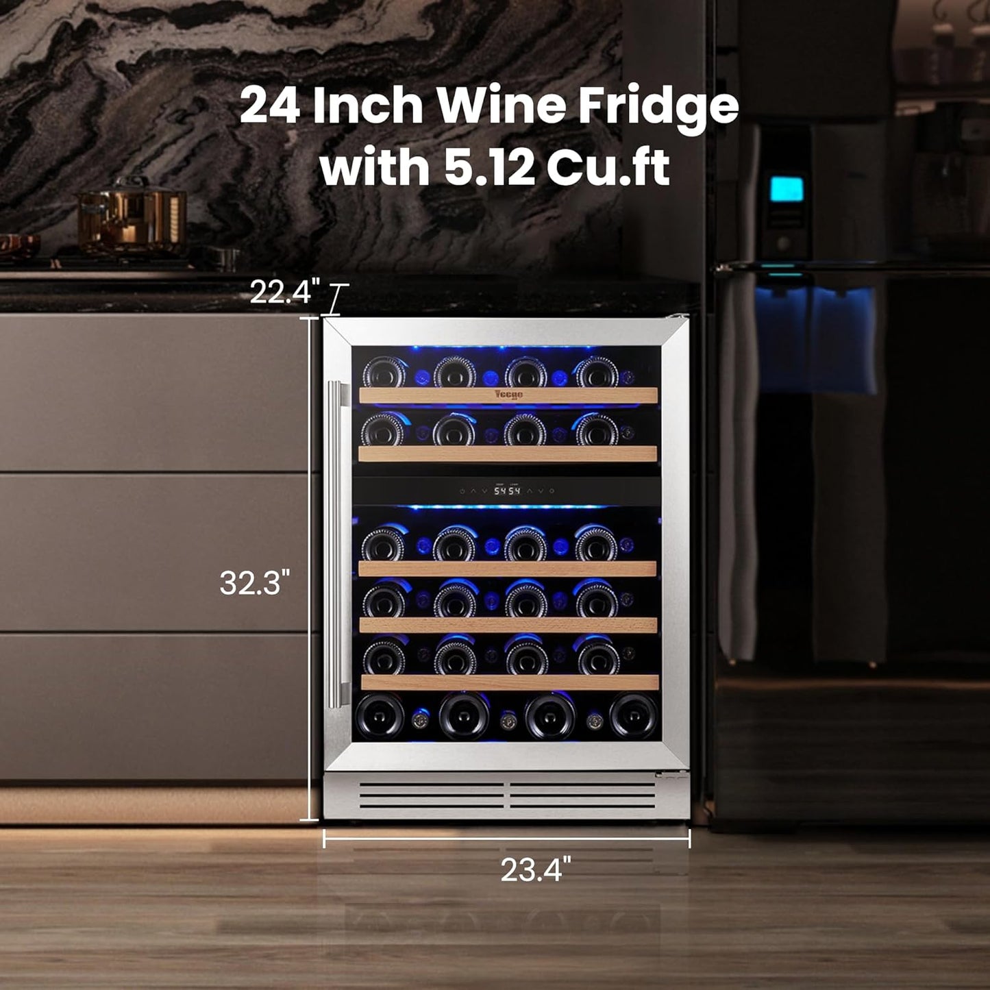 Yeego Wine Fridge Cooler - 24 Inch Dual Zone Wine Fridge Hold 47 Bottles, 40-65°F Wine Refrigerator Glass Door, Built in, Freestanding Under Counter Fridge for Beer Soda Drink Home Bar Office