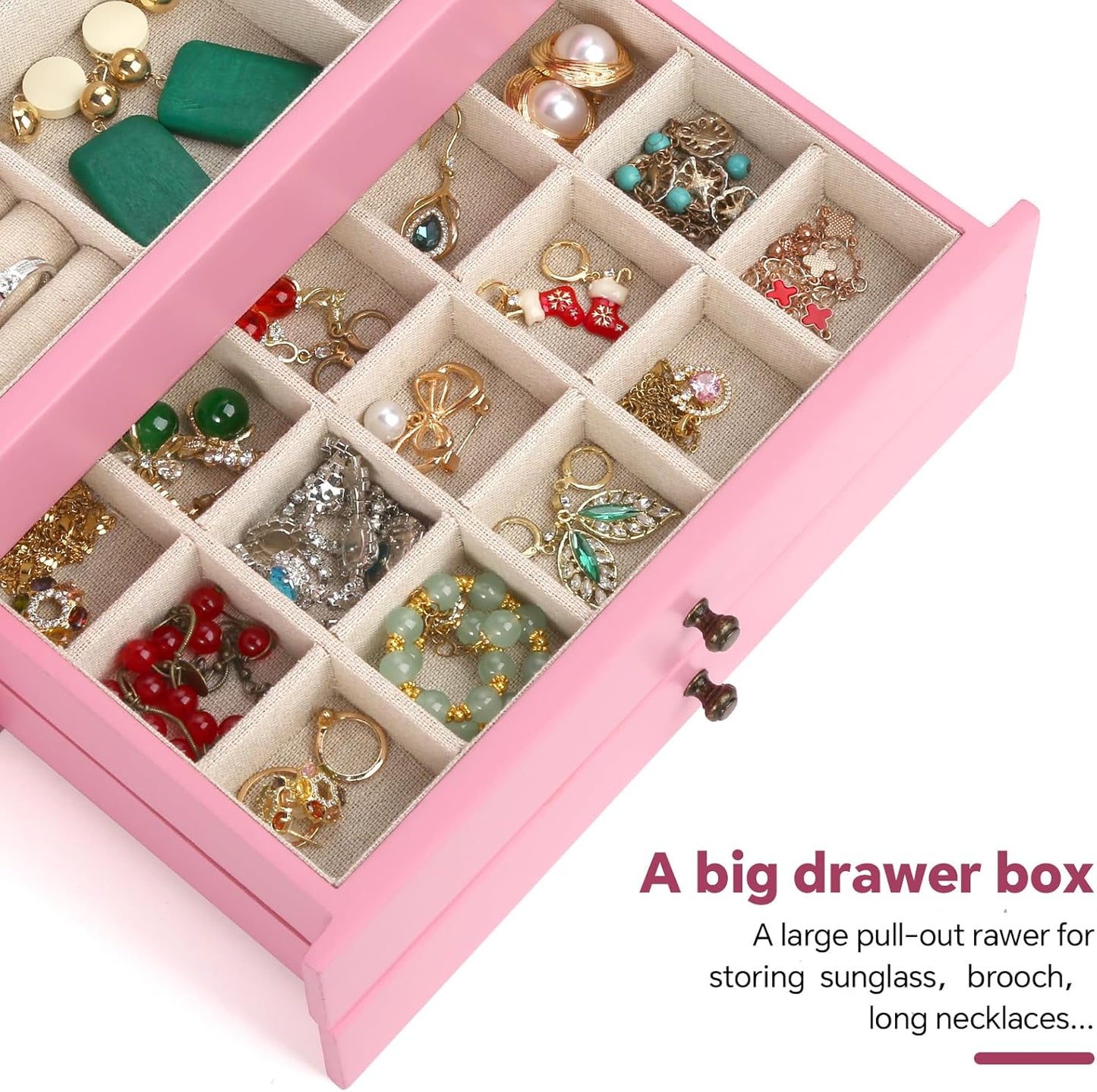 Meangood Jewelry Box Organizer for Women, 3 Layer Large Jewelry Storage Case, Rustic Wooden Jewelry Box with Mirror & Ring Tray for Necklace Earring Bracelets Rings, Vintage Style (Pink)