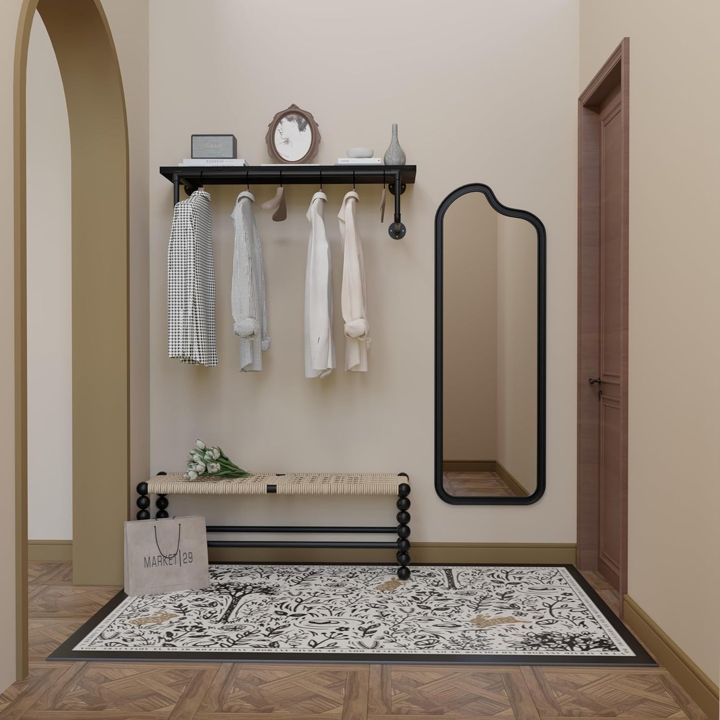 Clothes Rack 36in, Wall Mounted Garment Racks with Real Black Wood Shelf, Heavy Duty Hanging Clothes Rack, Multi-Purpose Hanging Rod, Space-Saving Closet Storage