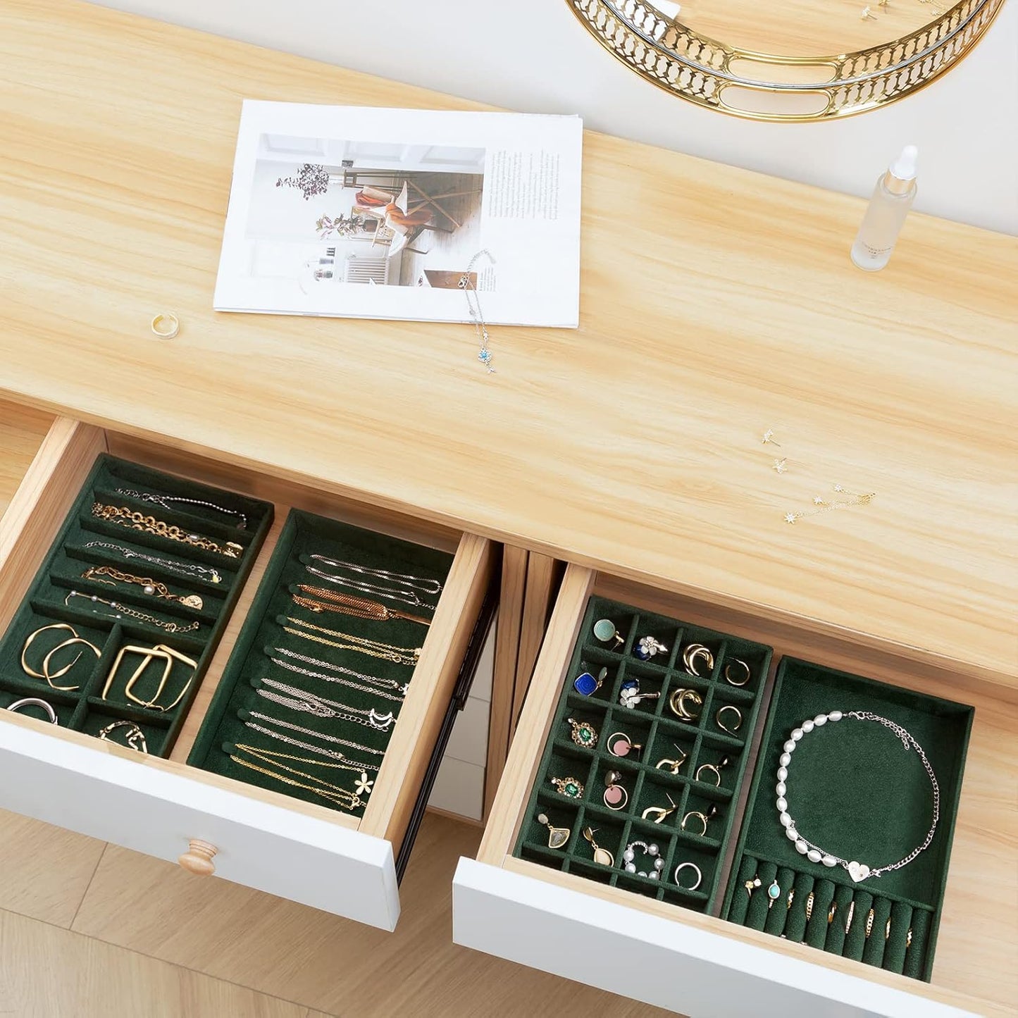 ProCase Stackable Jewelry Organizer Trays for Drawers, Jewelry Drawer Inserts Container Display Case Storage for Earring Necklace Rings Bracelet with Removable Dividers -Green, 4 Layers