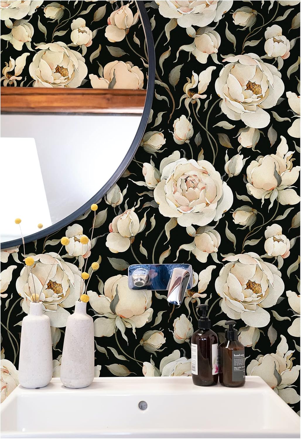 HAOKHOME Shelf Liner and Cabinet Liner Floral Peony, Self-Adhesive Drawer Liners, Peel and Stick Contact Paper for Kitchen Cupboard, Non Slip Bathroom Drawers, Black Cream 17.7in x 6.5ft