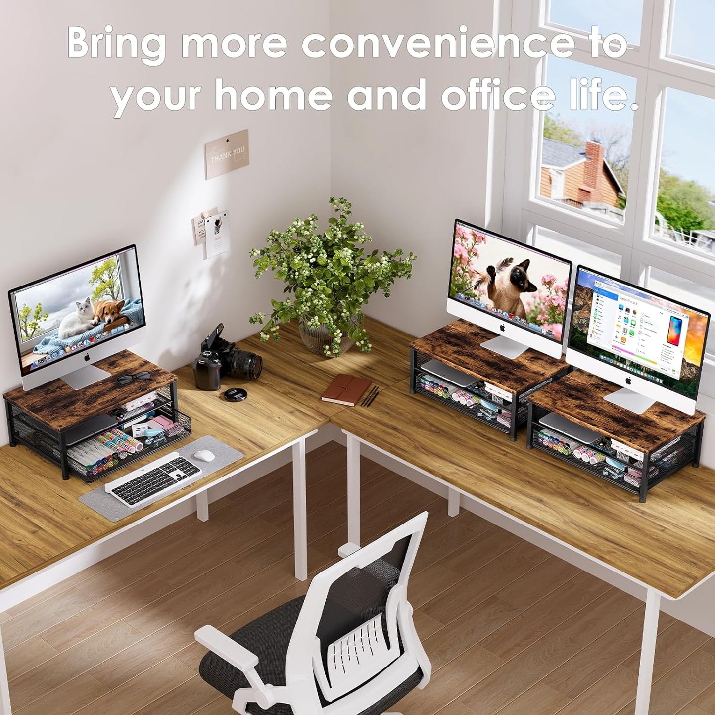 OPNICE Computer Monitor Stand Riser, Desk Organizer with Drawer, Laptop Stand, Office Desk Accessories & Workspace Desktop Organizers Storage for Office Supplies(Brown)