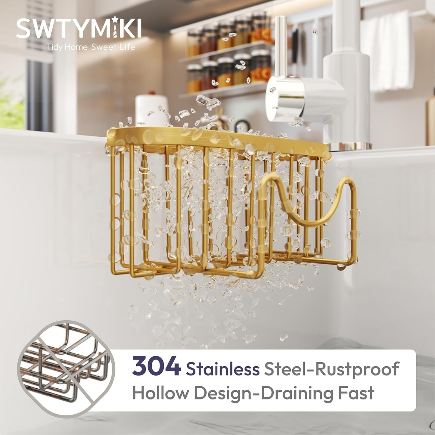SWTYMIKI Sponge Holder for Kitchen Sink - Movable Kitchen Sink Caddy with M Shape Hook, Stainless Steel Hanging Sponge Caddy for Dish Sponge, Brush, Stopper Organizer in Double Sink, Gold