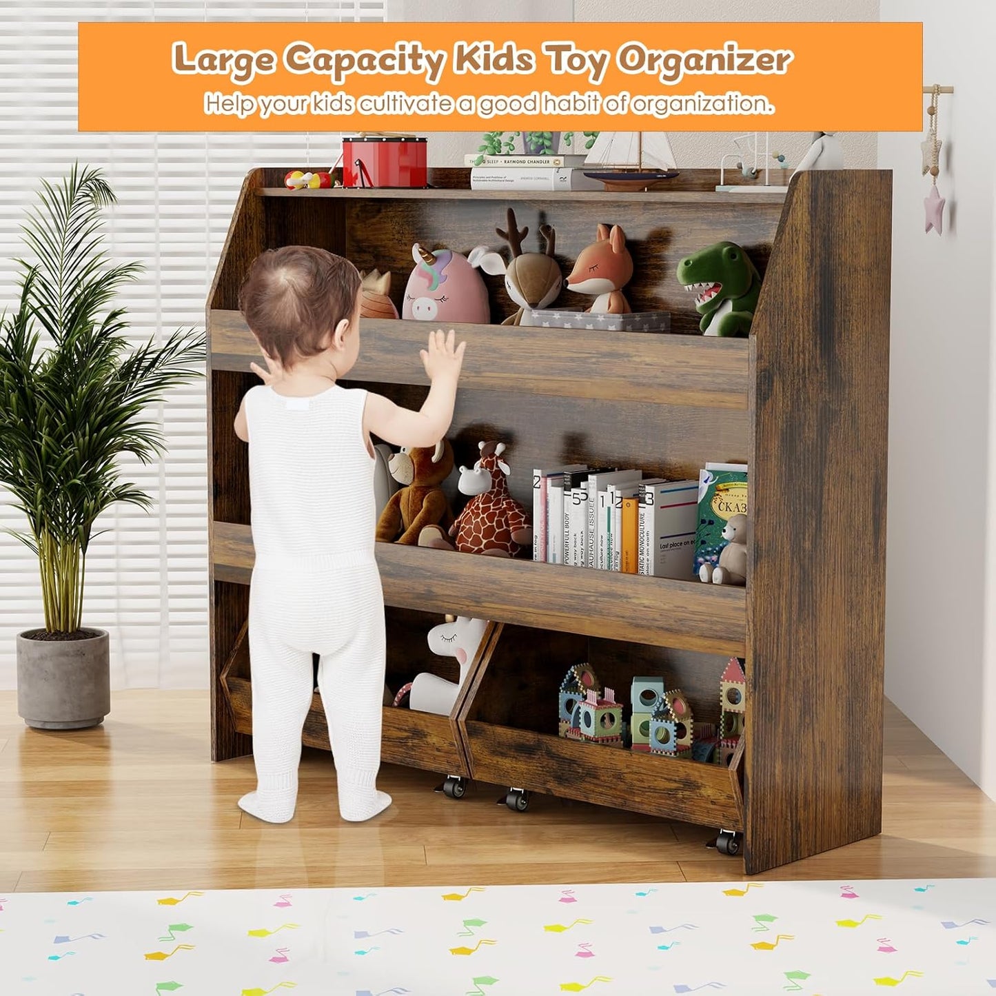 COZPAW Toy Storage Organizer, 3 Tier Montessori Shelf with Movable Bins, Toy Organizers Book Shelf for Kids Room, Playroom, Nursery (Brown)