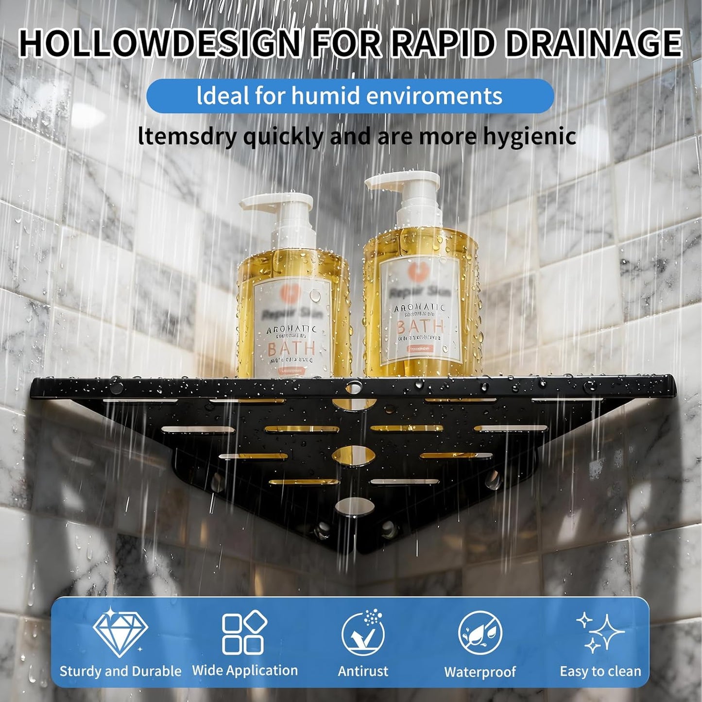 Shower Corner Shelf 304 Stainless Steel Shower Caddy 2 Tier Shower Organizer Niche Extra 6 Hangers Shelves 40 lbs Large Capacity Bathroom Storage for Inside Anti-Rust Drilling Installation (Black)