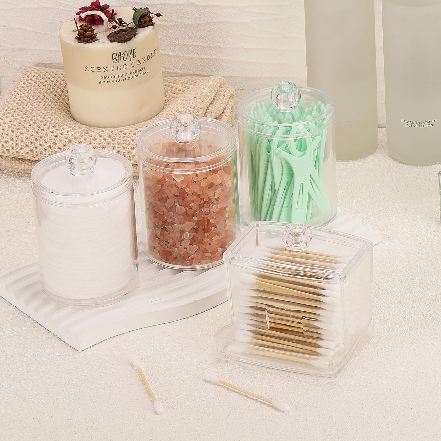 Tbestmax 4 Pack Qtip Holder Bathroom Container, 10/7oz Plastic Cotton Ball/Swabs Dispenser, Clear Apothecary Jar with Lids for Organizer and Storage