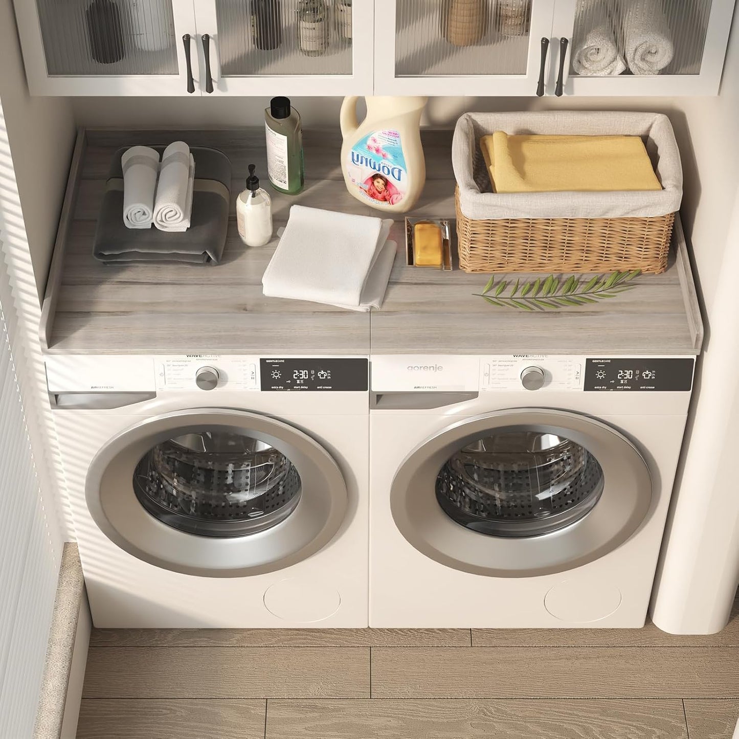 Washer Dryer Countertop, Foldable Laundry Countertop with Edge Rails - 27.5" x 54" Melamine Finish for Laundry Room Organization (Oak)