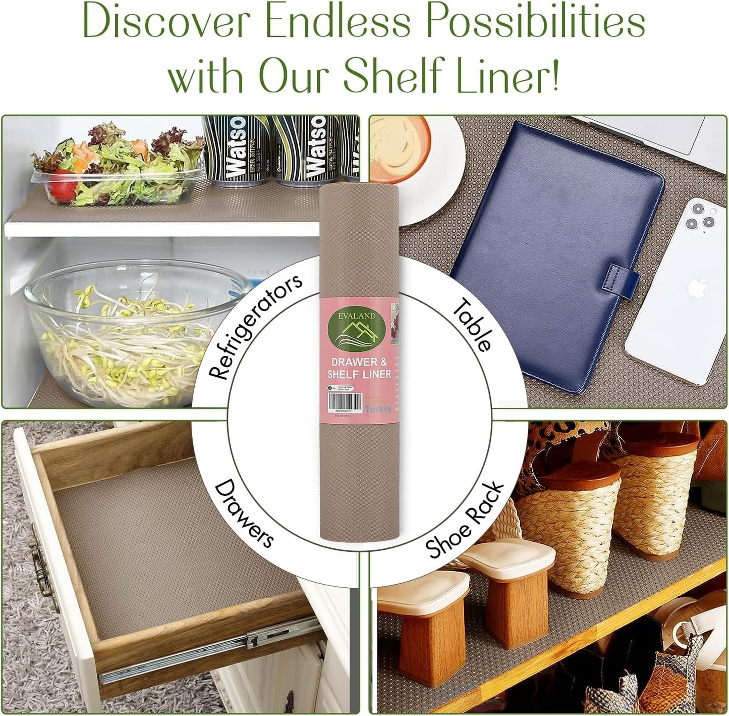 EVALAND Shelf Liners for Kitchen Cabinets Non-Adhesive 12" x 33 FT Beige Drawer Liner Non Slip, Washable Cabinet Liner, Waterproof Shelf Liners for Cabinets, Refrigerator Bathroom Pantry Cabinet Mat