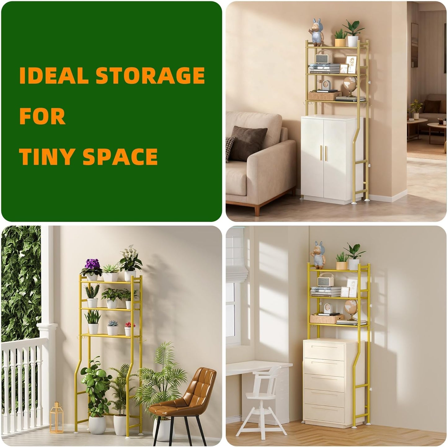3-Tier Over The Toilet Storage, Space Saver Metal Bathroom Shelves, Freestanding Above Over Toilet Storage Shelf with 4 Hooks for Bathroom, Gold