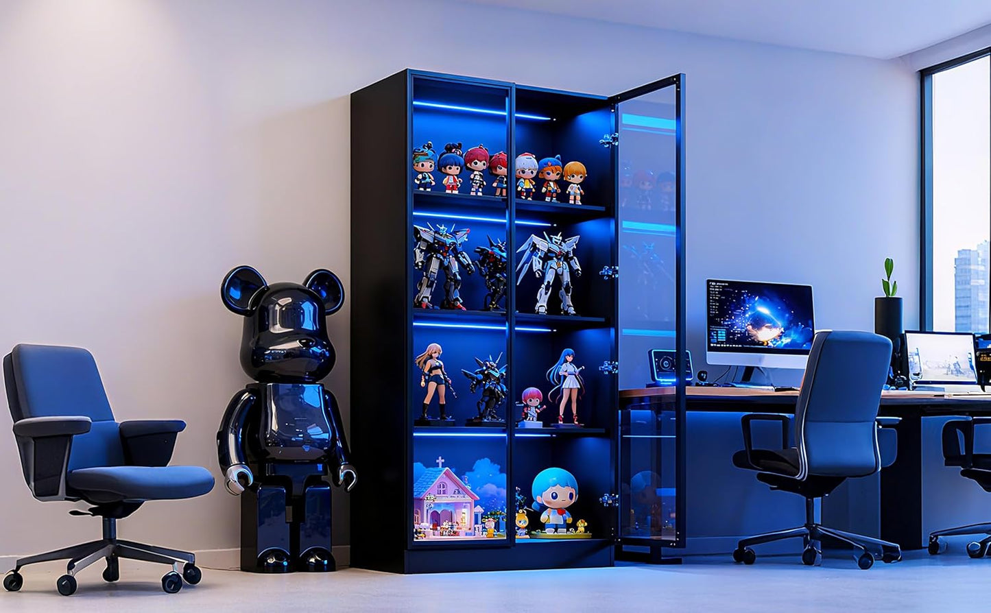 63'' Tall Glass Display Cabinet with LED Lights,Showcase with Glass Doors,4-Tier Curio Cabinet for Collectibles Bookcase,Storage Shelf, Bookcase(Black- 4 Layers, Large)