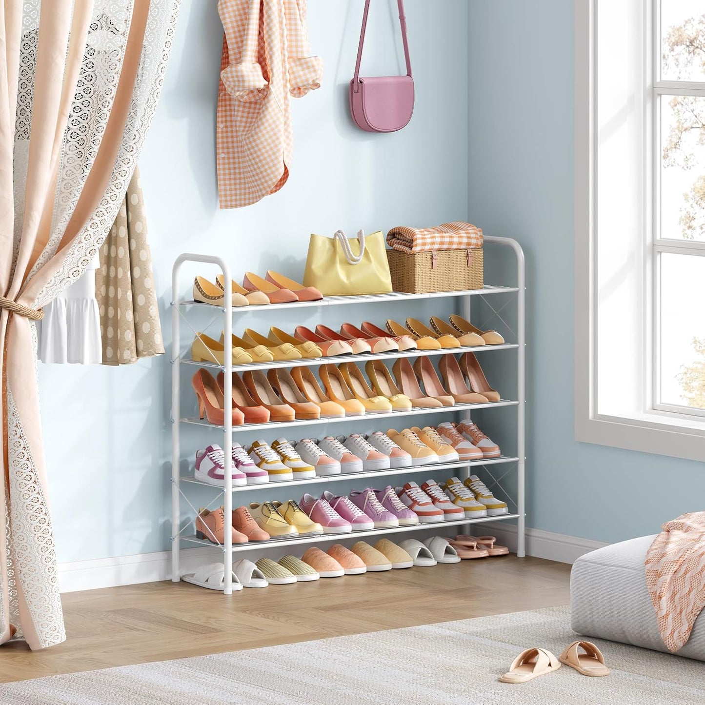 Hoctieon 5 Tier Shoe Rack for Closet, Durable Mesh Style Shoe Rack, Entryway Shoe Shelf, Shoe Storage Organizer for Hallway, Bedroom, Living Room, Wardrobe, White