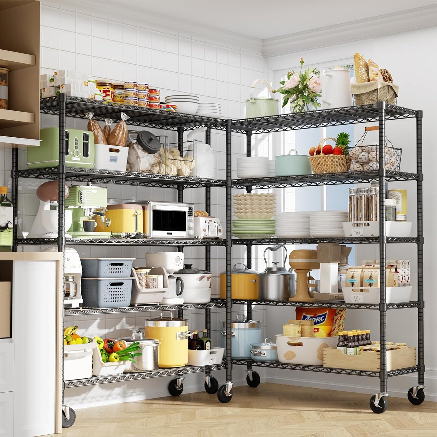 Storage Shelves Heavy Duty with Wheels,48"L x 20"W x 72"H Garage Wire Shelving Unit Loads 2000LBS,5-tier Adjustable Metal Industrial Utility Shelf Rack for Kitchen,Laundry,Pantry,Warehouse,Basement