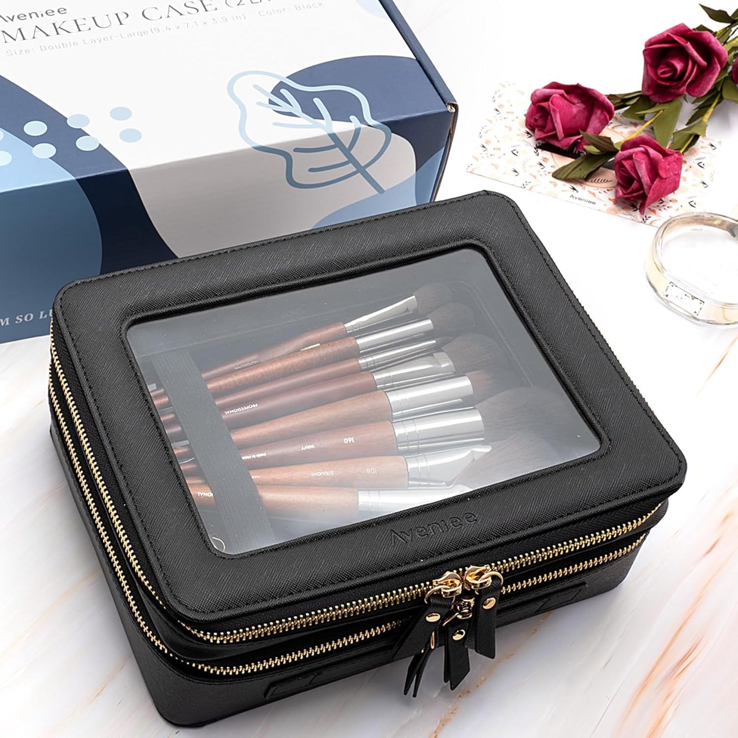 Aveniee Clear Makeup Bags,Double Layer Cosmetic Bags with Separate Brush Compartment,Large Travel Toiletry Bag Cosmetic Case,Travel Accessories Organizer for Women,2 Layers,Black