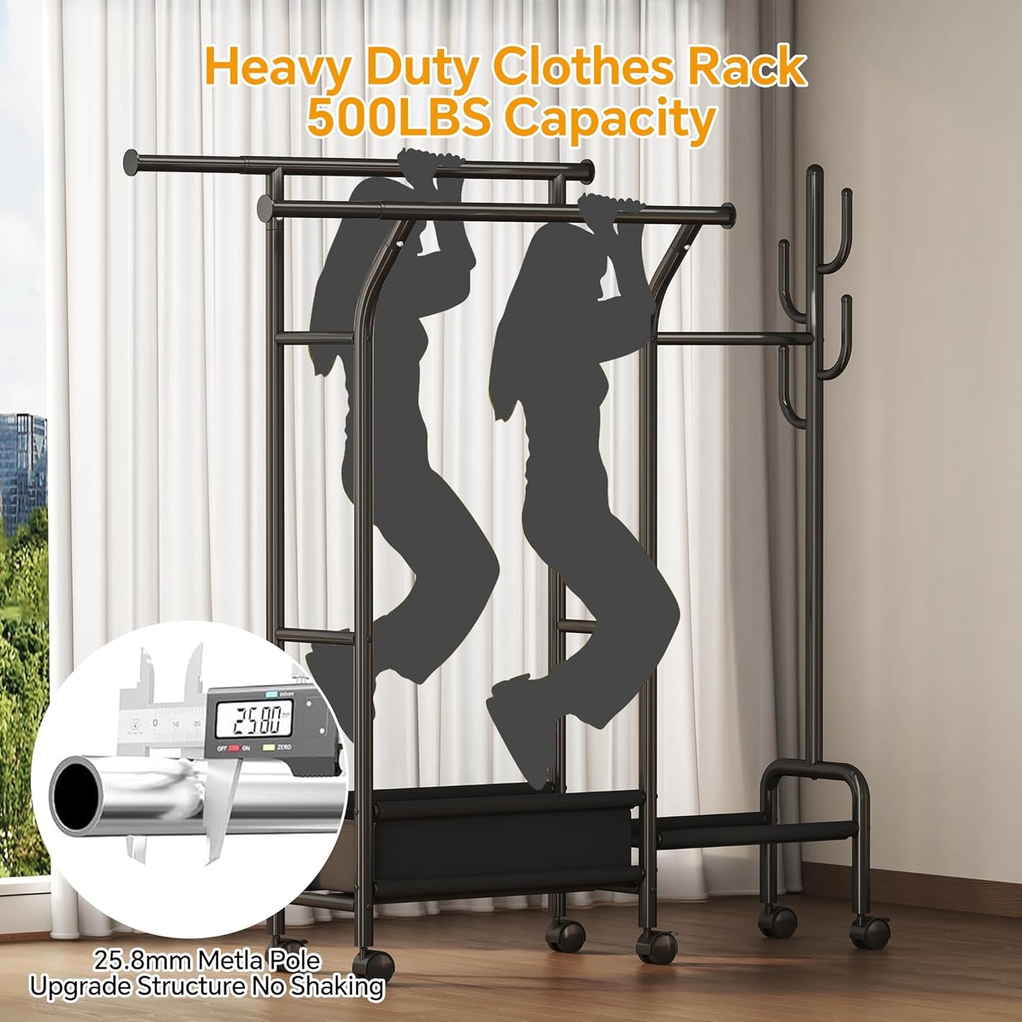 Homeiju Heavy Duty Clothes Rack Load 500LBS, Three Rods Clothing Racks for Hanging Clothes Extendable, Rolling Garment Rack with Sturdy Wheels, Basket, Storage Shelves, Black