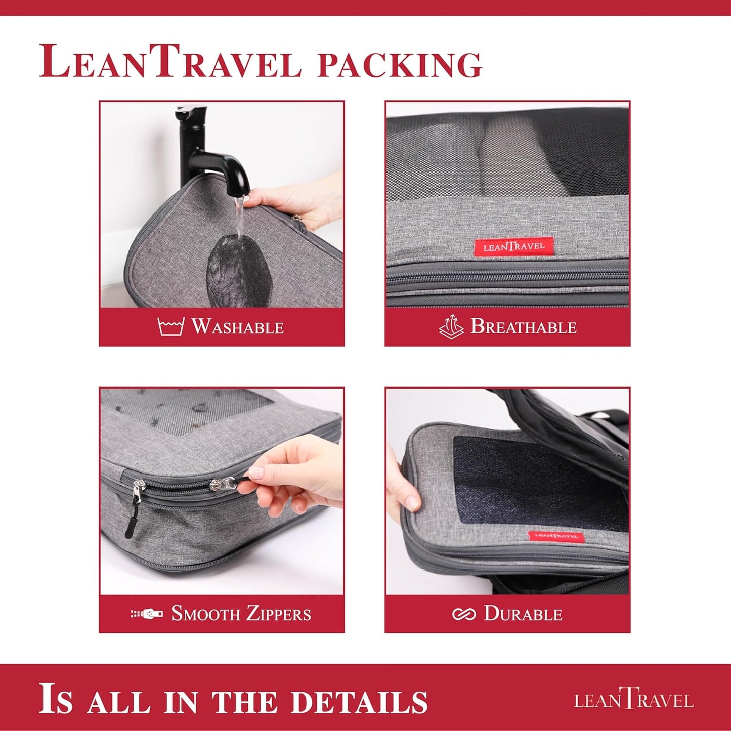 LeanTravel Compression Packing Cubes for Travel Organizers with Double Zipper (6-Pack (2L+2M+2S), Grey-Black-Brown)