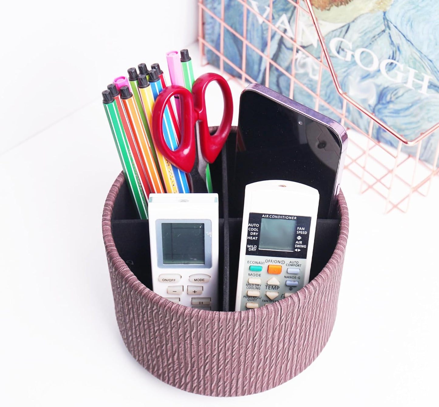 Round Leather Art Supply Organizer,Remote Control Holder,360 Degree Spinning,Multi-Functional Pencil Holder,4 Compartments Desktop Stationary Organizer(1-Wood Brown)