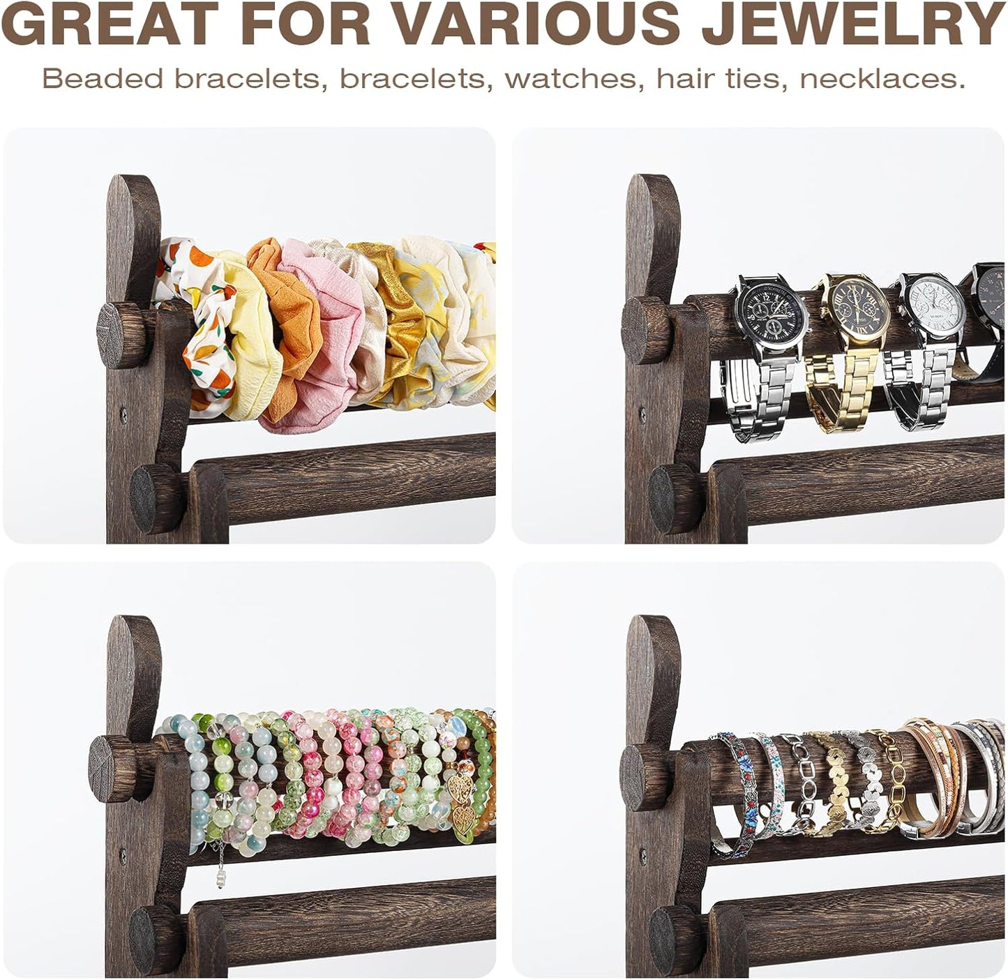 TOPNEW 5 Tier Wooden Bracelet Holder, Scrunchie Bangle Watch Necklace Display Storage Jewelry Holder Stand Display Organizer, Brown