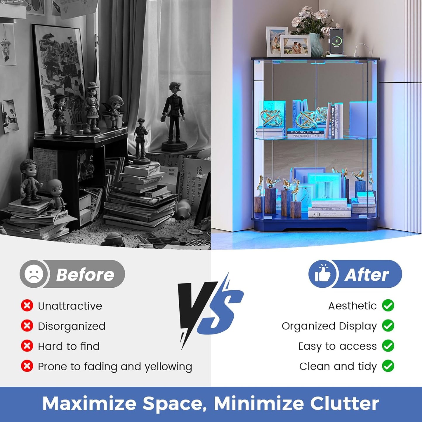 Corner Display Cabinet Set of 2 with Glass Doors, Small Display Case with 3-Color LED Lights and Charging Station, 2-Tier Curio Cabinet with Storage and Shelf, Black