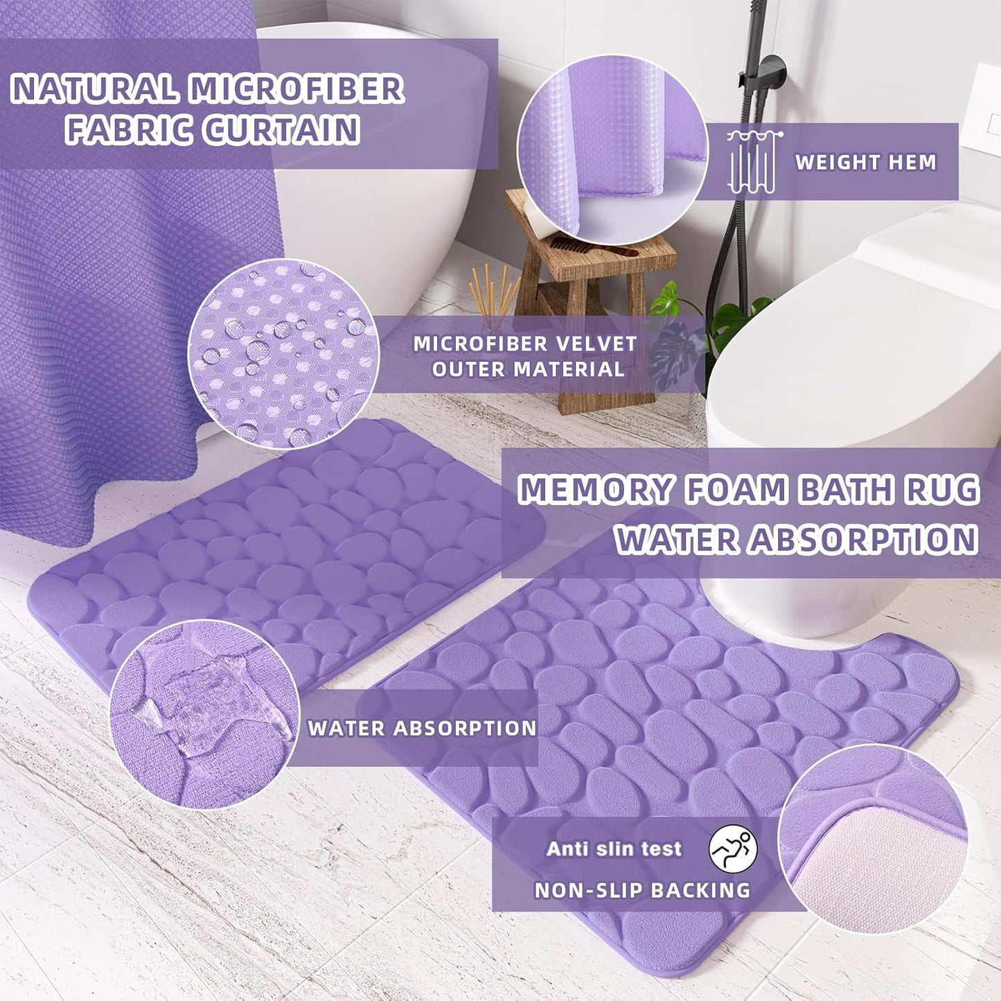 Bathroom Accessories Set - 25PC Bathroom Sets with Shower Curtain and Rugs, Purple Bathroom Accessories with Trash Can, Soap Dispenser, Soap Dish & Toilet Brush