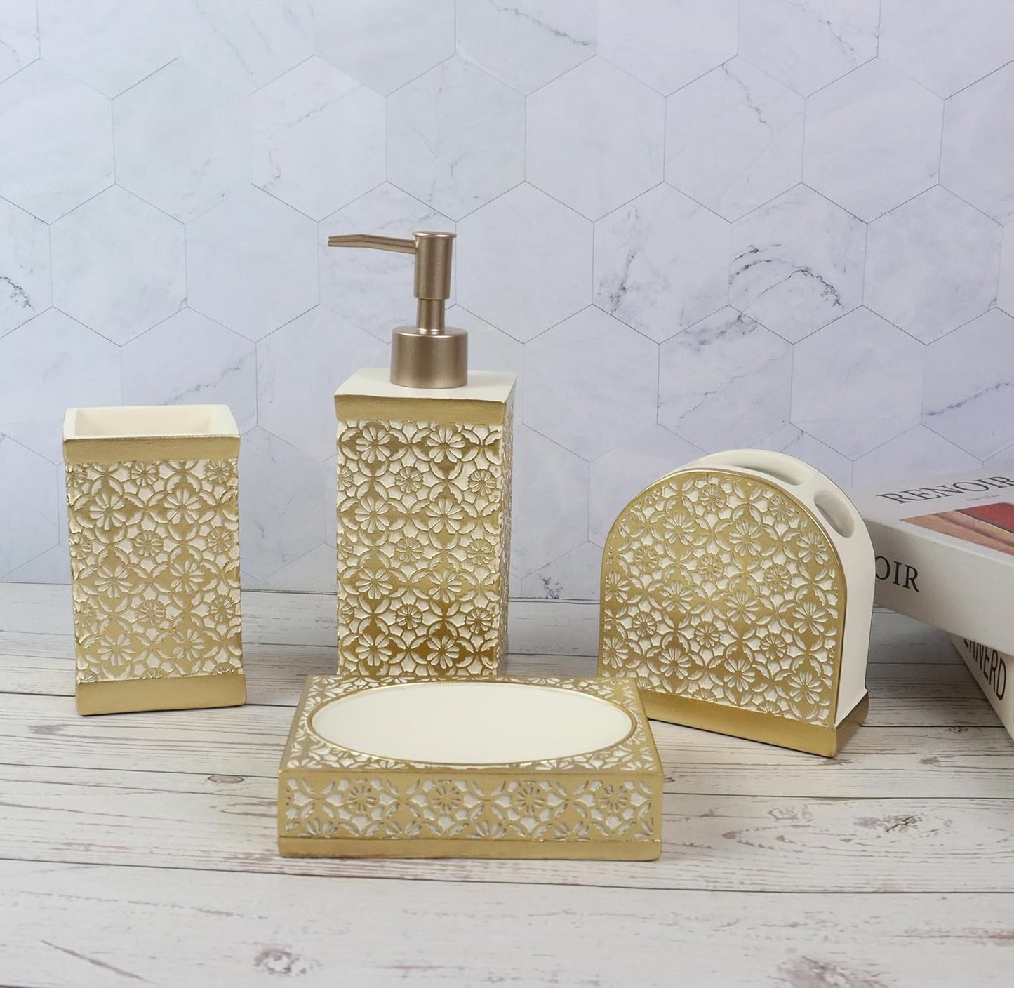 Hymmah Gold Bathroom Accessories Set,Farmhouse Bathroom Decor,4 Pcs Resin Gift Set Apartment Necessities, Contain Cotton Swab Jar,Soap Dispenser,Tumbler,Soap Dish/Tray