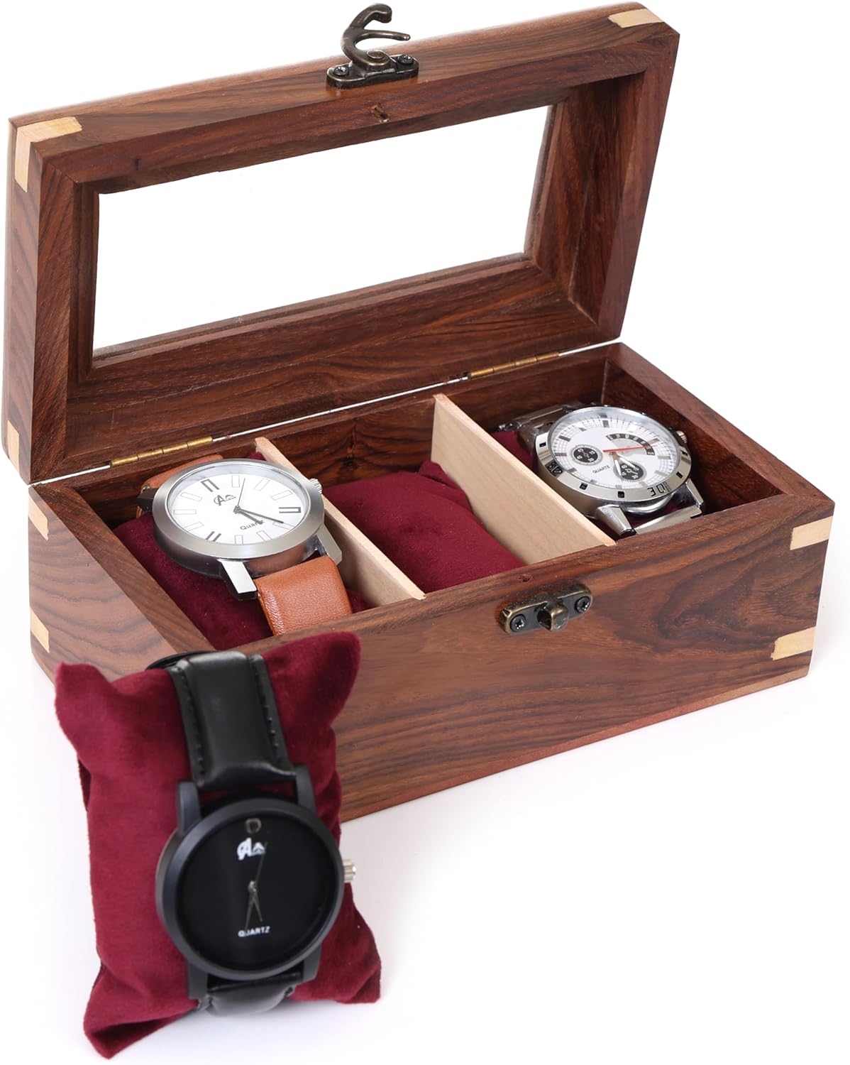 Wooden Watch Box for Men & Women, Watch Organizer & Display Case, Premium Long-Lasting Watch Holder for Storage, Elegant Gift for Watch Collectors (Glass Top, 3 Slots)