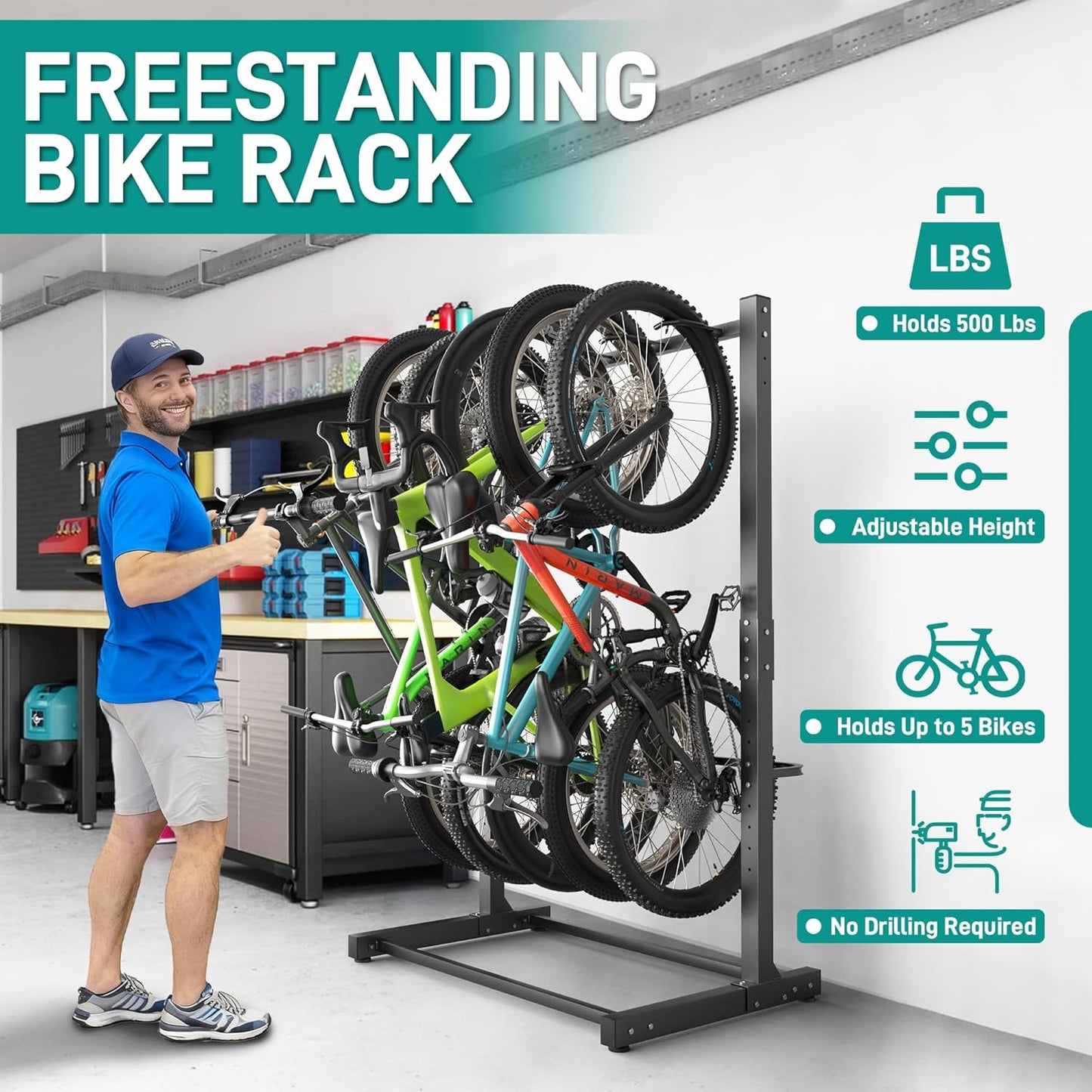 EVERHANGER Freestanding Bike Rack, Vertical Bike Rack Stand for Garage, Bicycle Storage Organizer, Holds Up to 5 Bikes